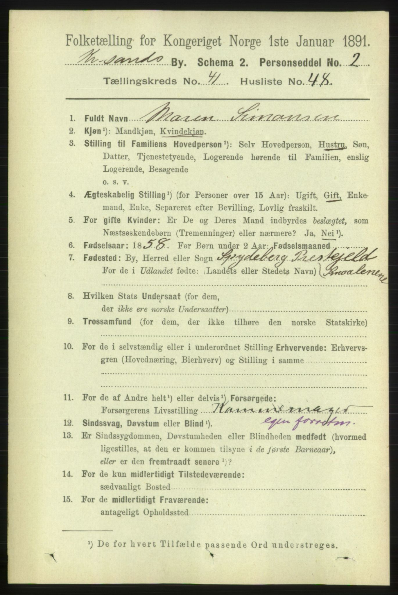 RA, 1891 census for 1001 Kristiansand, 1891, p. 12977