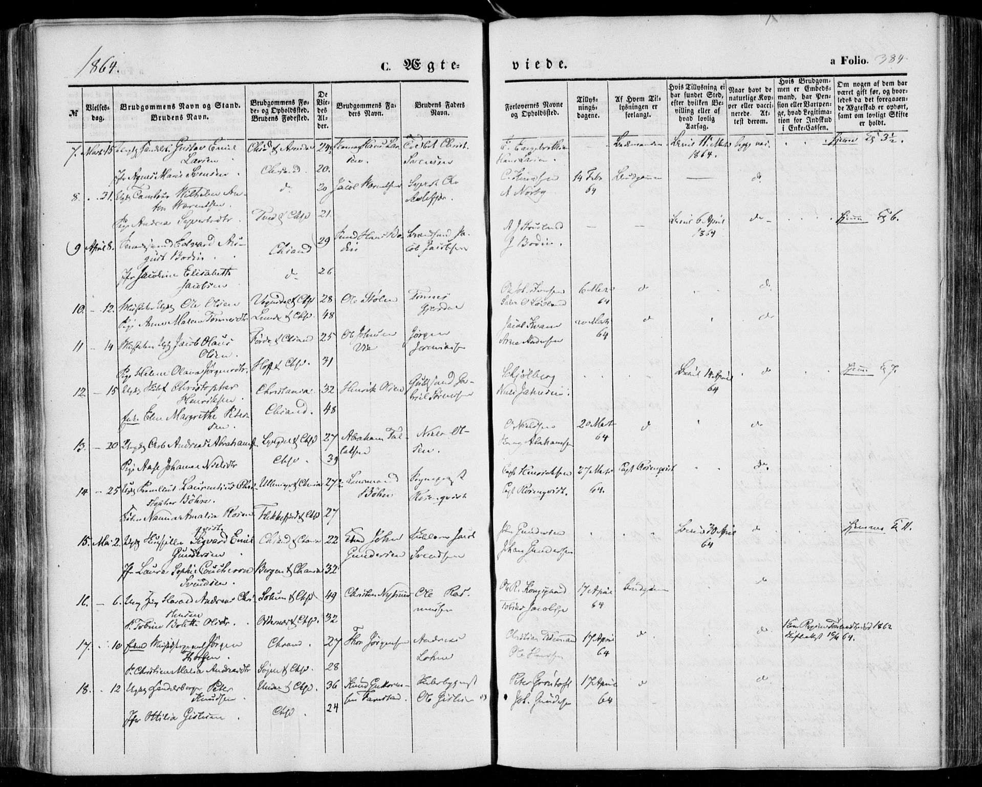 Kristiansand domprosti, SAK/1112-0006/F/Fa/L0014: Parish register (official) no. A 14, 1852-1867, p. 384
