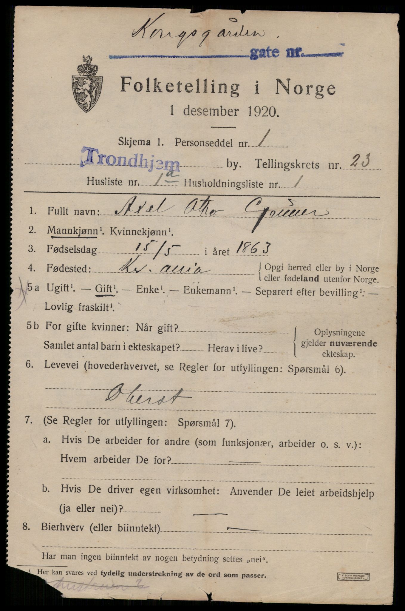 SAT, 1920 census for Trondheim, 1920, p. 63934