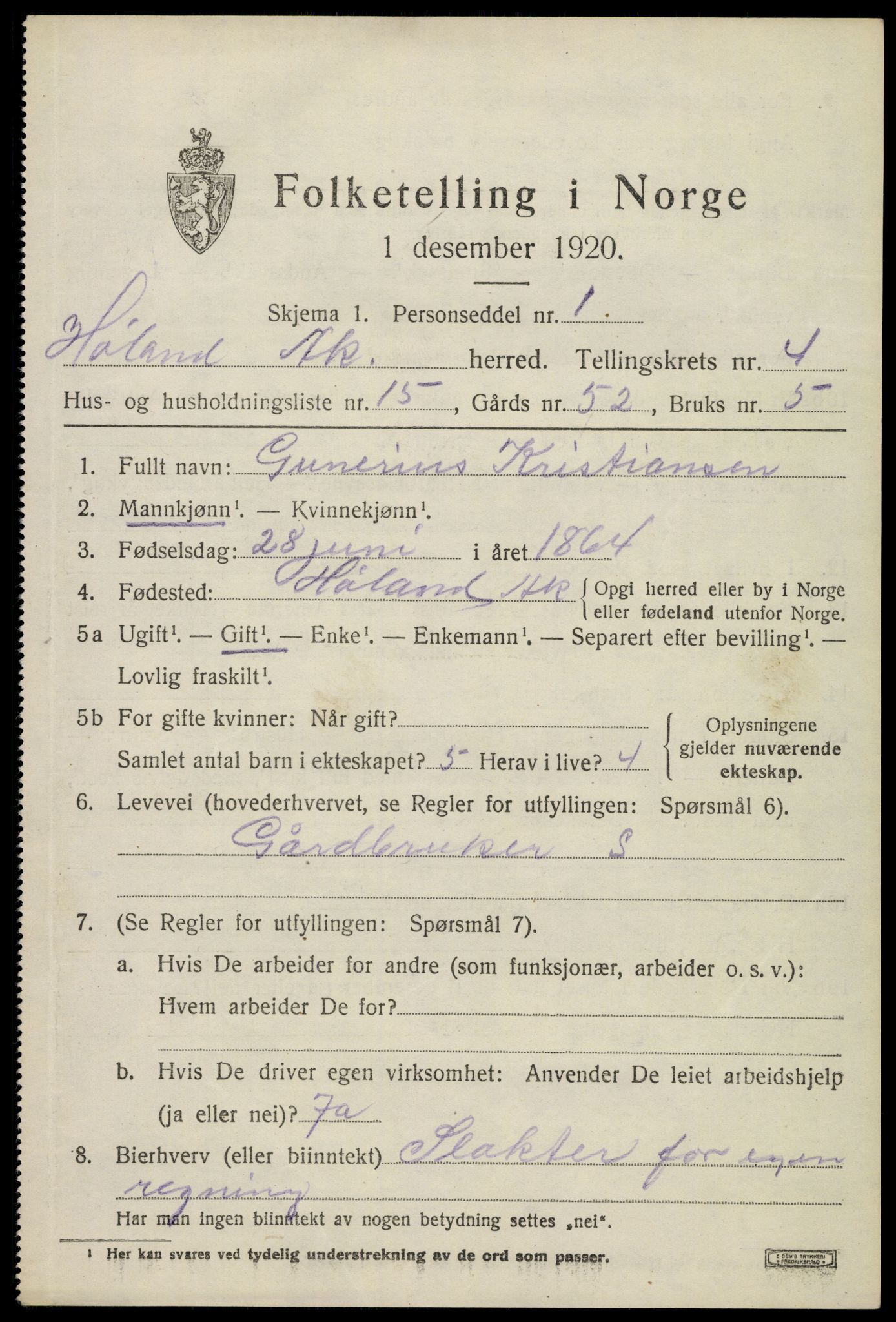 SAO, 1920 census for Høland, 1920, p. 5981