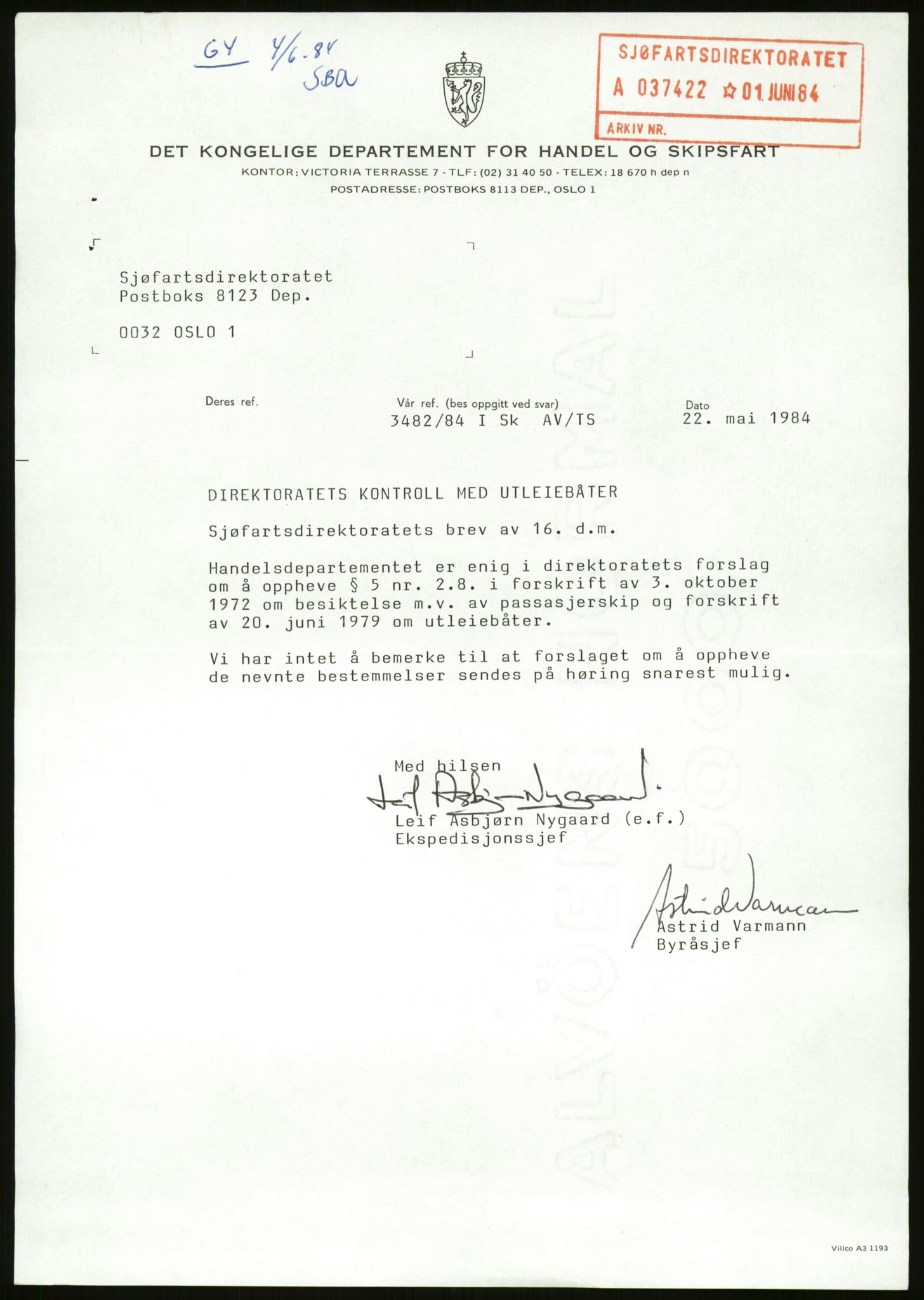 Sjøfartsdirektoratet med forløpere, generelt arkiv, AV/RA-S-1407/D/Du/Duc/L0642/0001: Skipskontrollen - Forskrifter / Forskrift om utleiebåter (2 mapper), 1978-1987, p. 489
