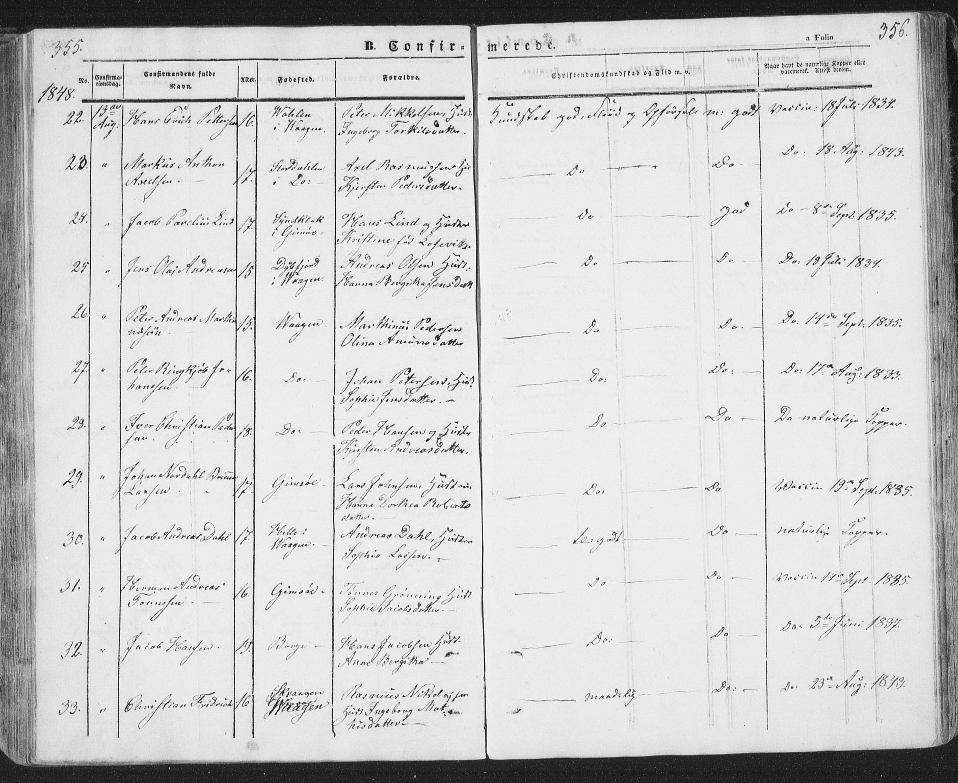 Ministerialprotokoller, klokkerbøker og fødselsregistre - Nordland, AV/SAT-A-1459/874/L1072: Parish register (copy) no. 874C01, 1843-1859, p. 355-356