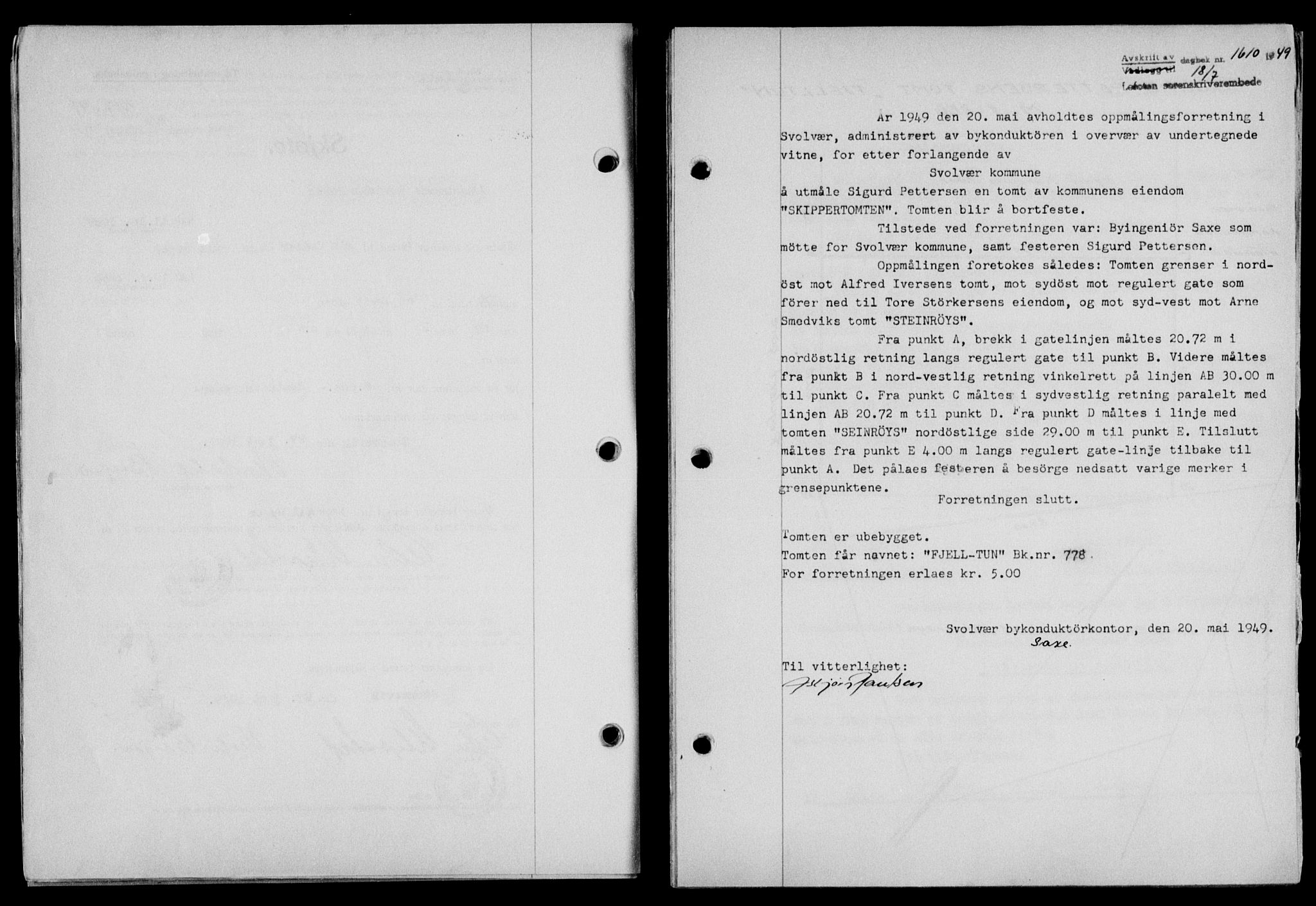 Lofoten sorenskriveri, SAT/A-0017/1/2/2C/L0021a: Mortgage book no. 21a, 1949-1949, Diary no: : 1610/1949
