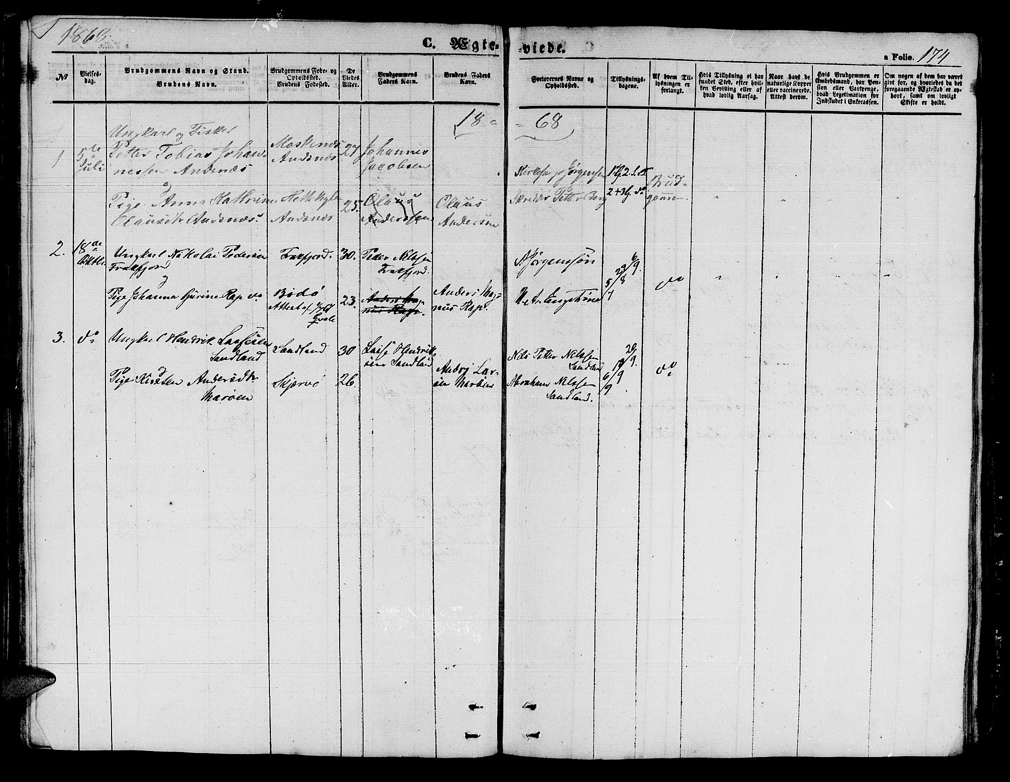 Loppa sokneprestkontor, SATØ/S-1339/H/Hb/L0002klokker: Parish register (copy) no. 2, 1850-1880, p. 174