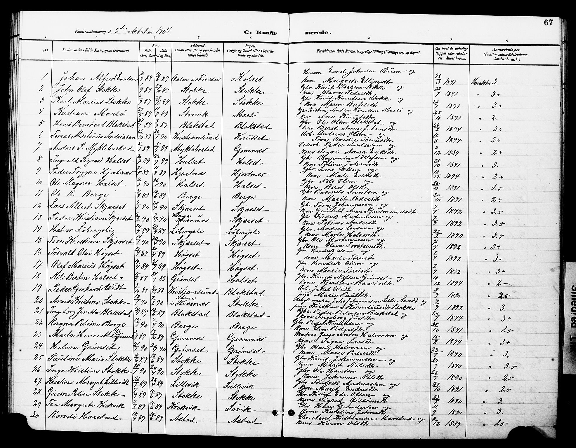 Ministerialprotokoller, klokkerbøker og fødselsregistre - Møre og Romsdal, AV/SAT-A-1454/585/L0973: Parish register (copy) no. 585C01, 1893-1930, p. 67