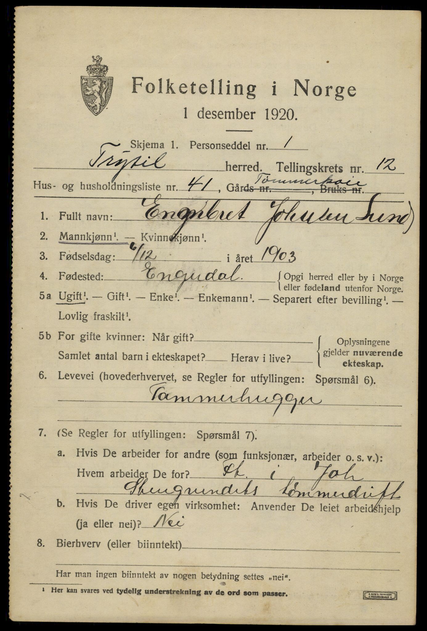 SAH, 1920 census for Trysil, 1920, p. 7627