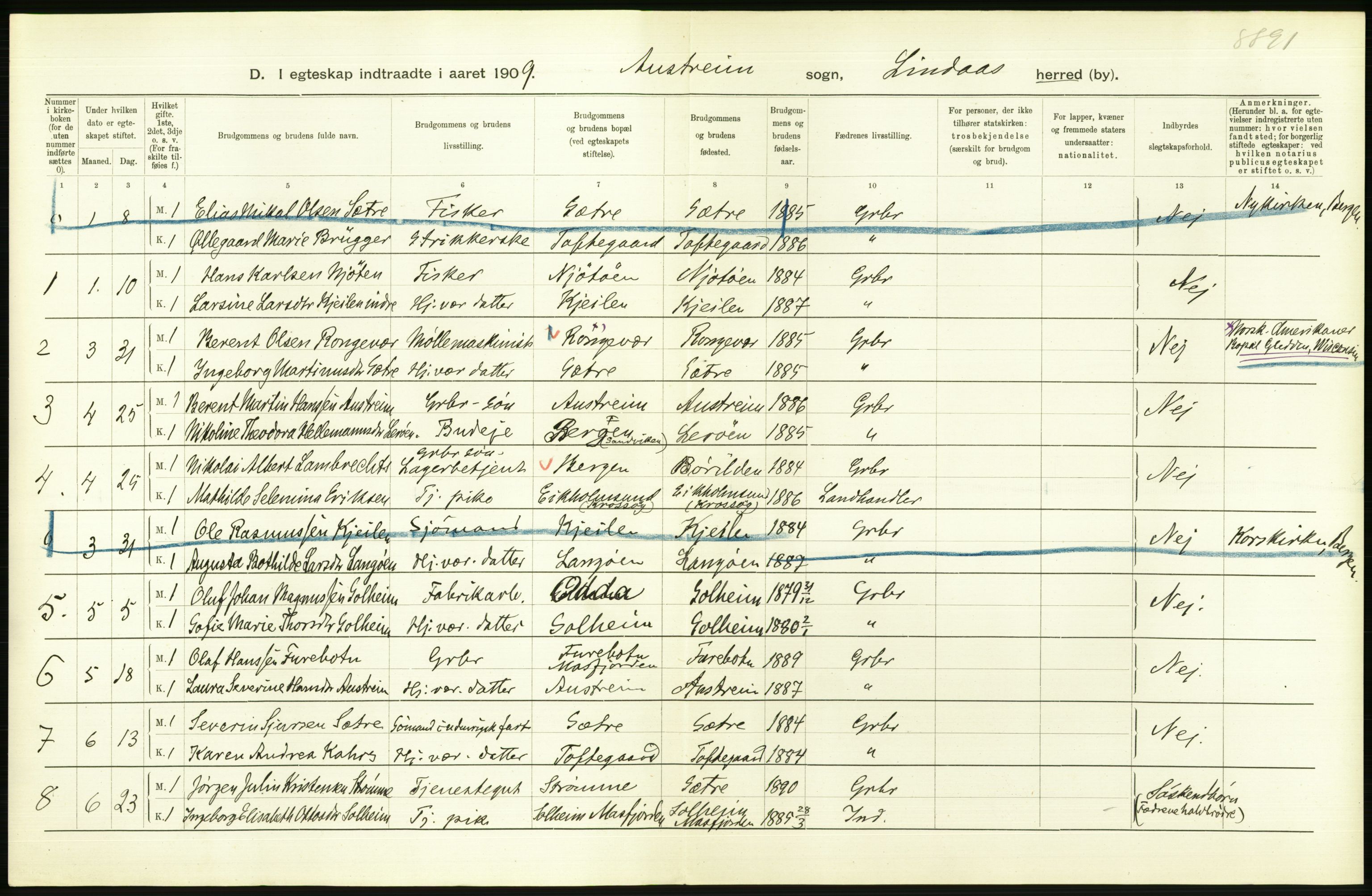 Statistisk sentralbyrå, Sosiodemografiske emner, Befolkning, AV/RA-S-2228/D/Df/Dfa/Dfag/L0030: S. Bergenhus amt: Gifte, dødfødte. Bygder., 1909, p. 8