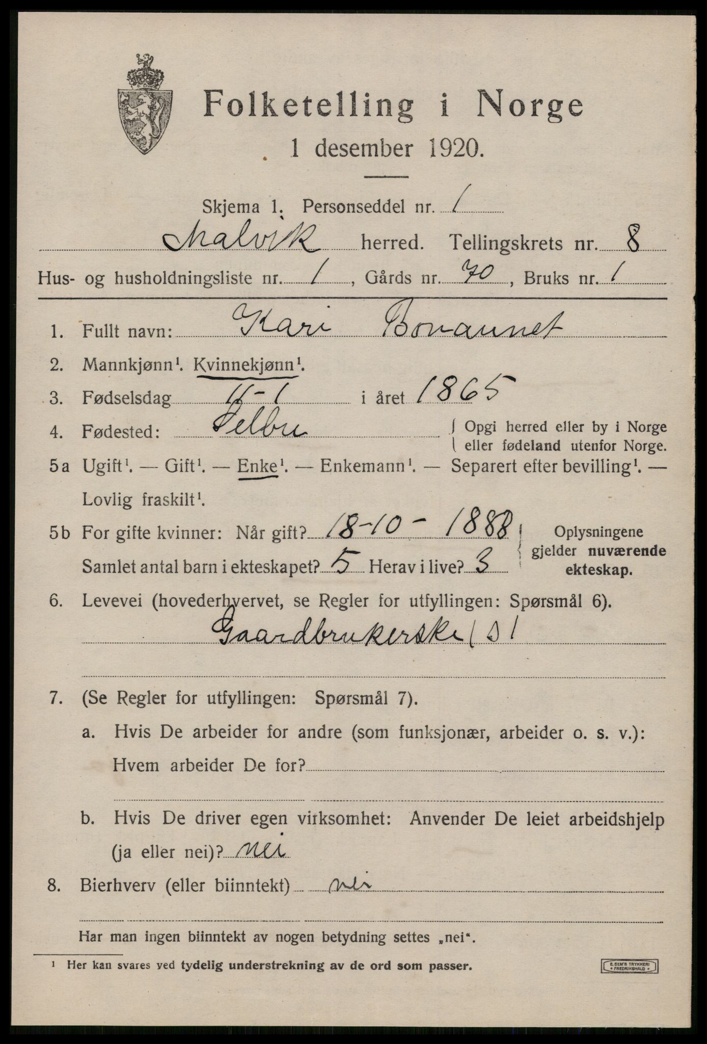 SAT, 1920 census for Malvik, 1920, p. 7590