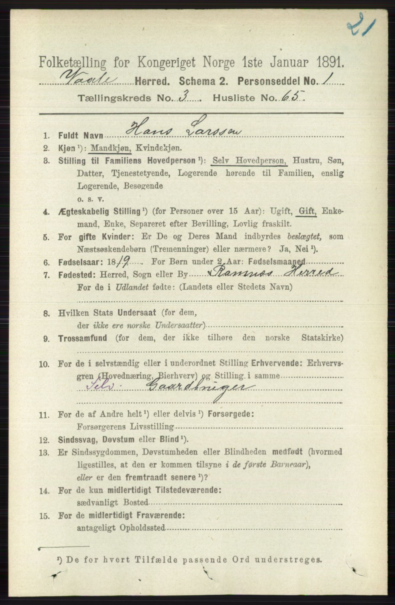 RA, 1891 census for 0716 Våle, 1891, p. 920