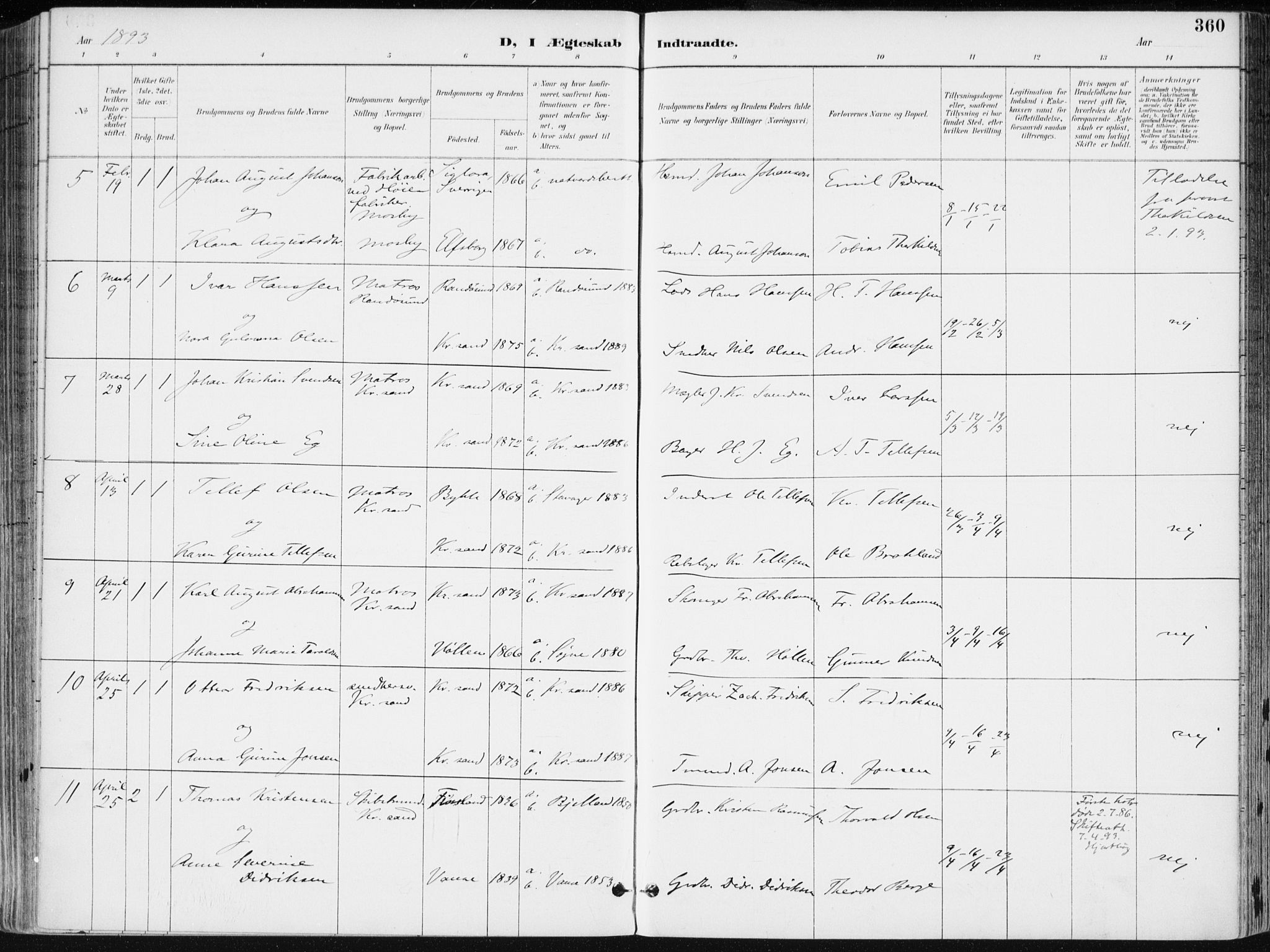 Kristiansand domprosti, SAK/1112-0006/F/Fa/L0019: Parish register (official) no. A 18, 1890-1897, p. 360