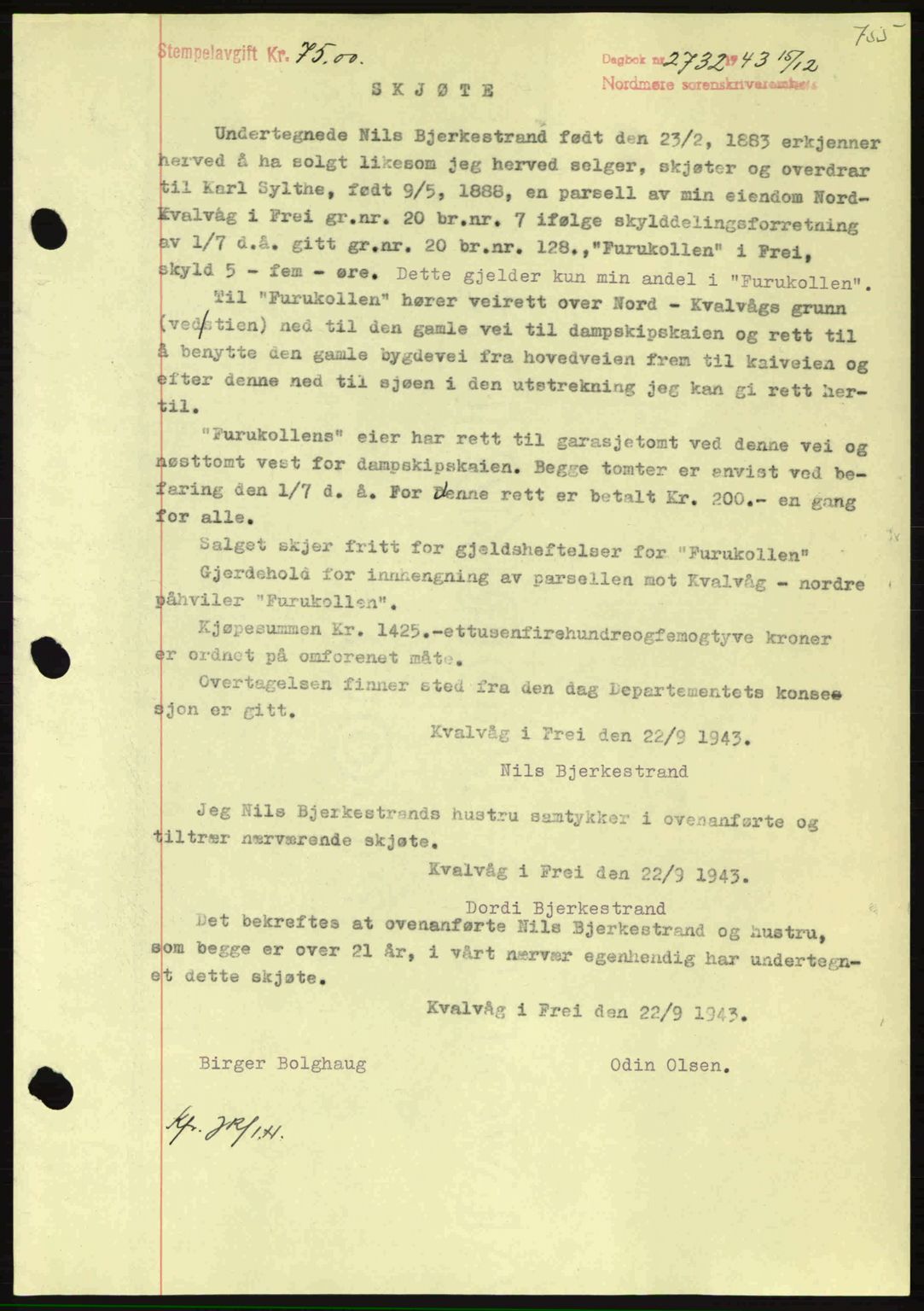 Nordmøre sorenskriveri, SAT/A-4132/1/2/2Ca: Mortgage book no. A96, 1943-1944, Diary no: : 2732/1943