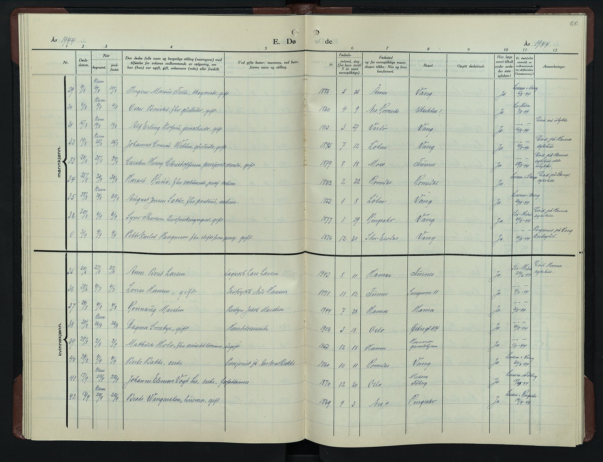 Hamar prestekontor, AV/SAH-DOMPH-002/H/Ha/Hab/L0007: Parish register (copy) no. 7, 1933-1950, p. 66