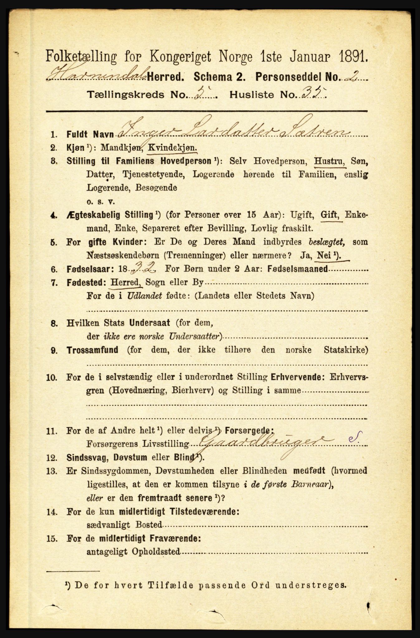 RA, 1891 census for 1444 Hornindal, 1891, p. 1341