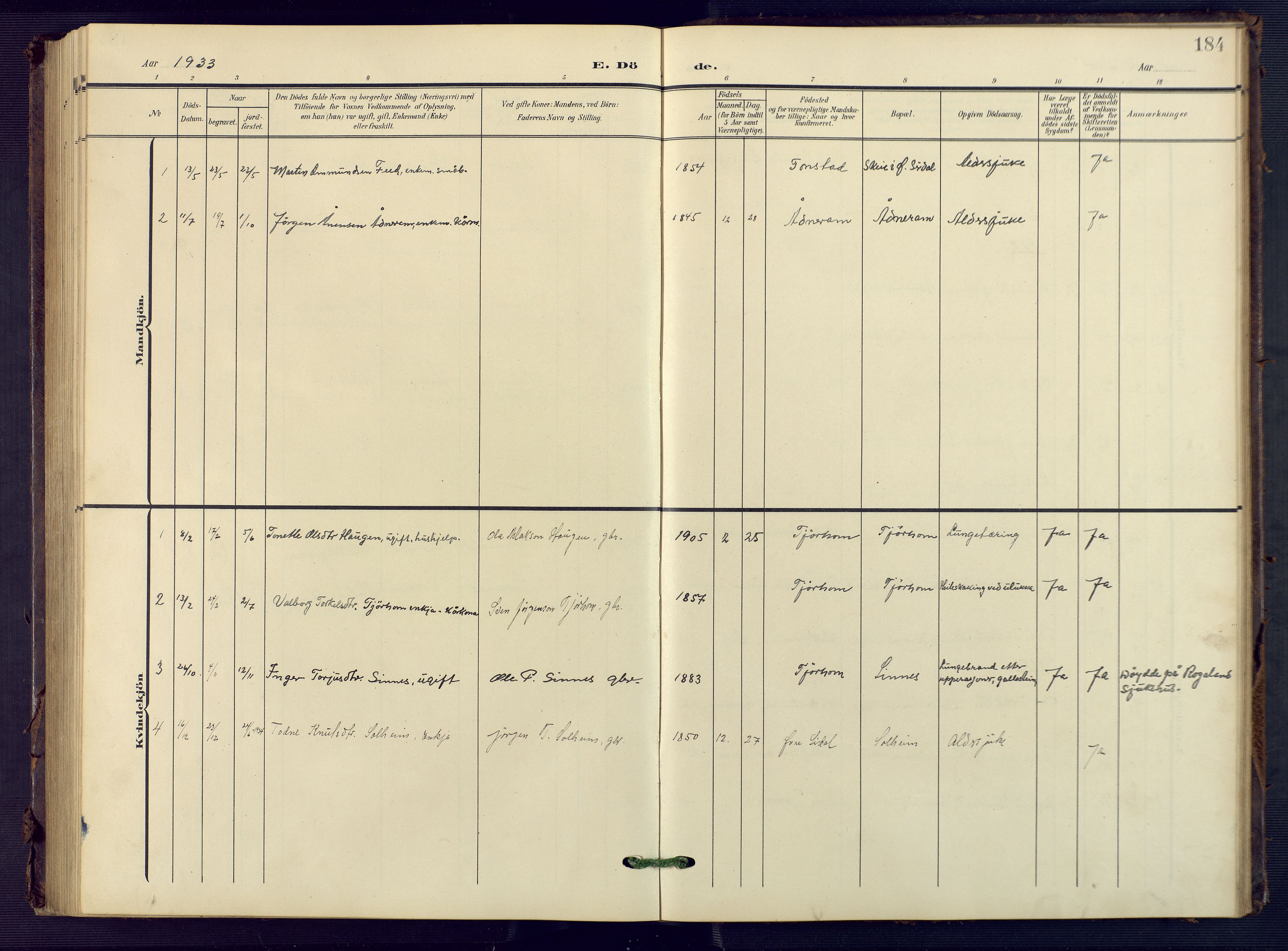 Sirdal sokneprestkontor, SAK/1111-0036/F/Fb/Fba/L0002: Parish register (copy) no. B 2, 1905-1958, p. 184
