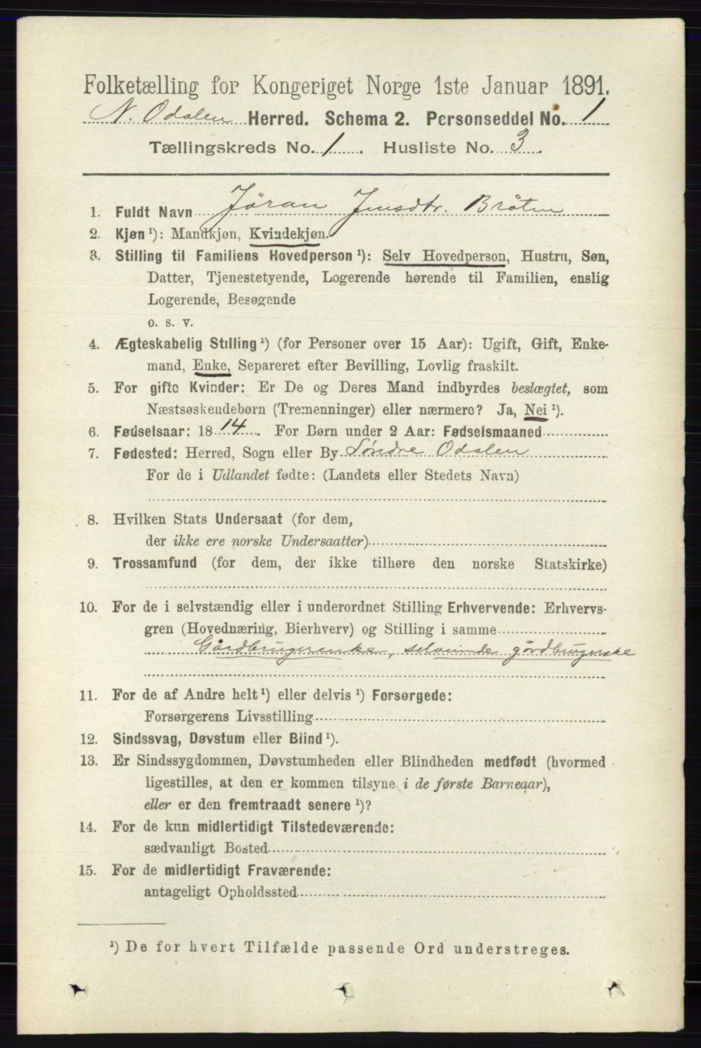 RA, 1891 census for 0418 Nord-Odal, 1891, p. 94