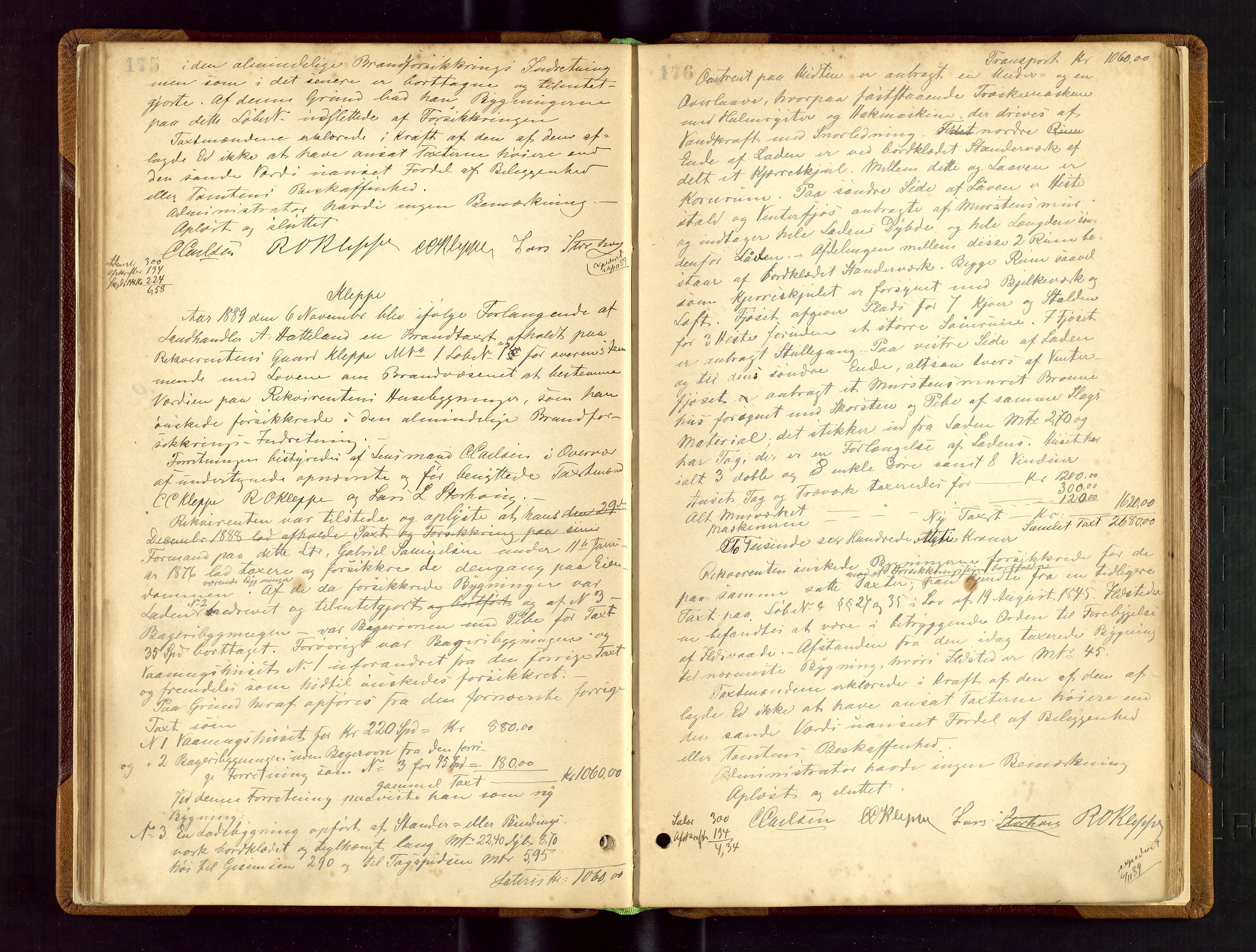 Klepp lensmannskontor, AV/SAST-A-100163/Gob/L0002: "Brandtaxtprotokol" m/register samt register for 1872, 1881-1919, p. 175-176