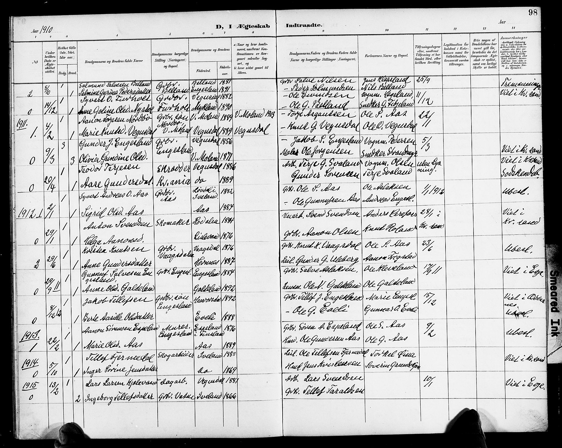 Herefoss sokneprestkontor, SAK/1111-0019/F/Fb/Fbb/L0003: Parish register (copy) no. B 3, 1892-1917, p. 98