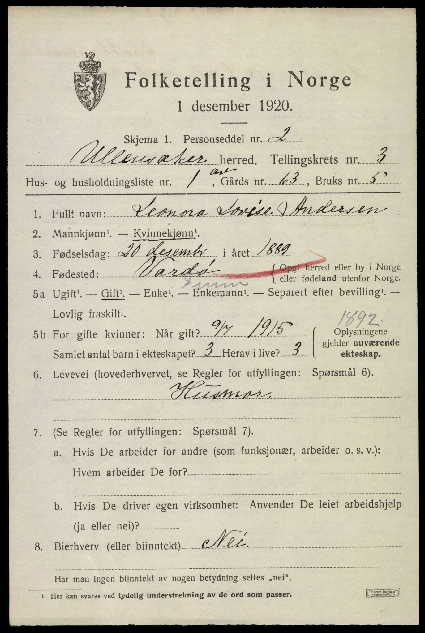 SAO, 1920 census for Ullensaker, 1920, p. 6165