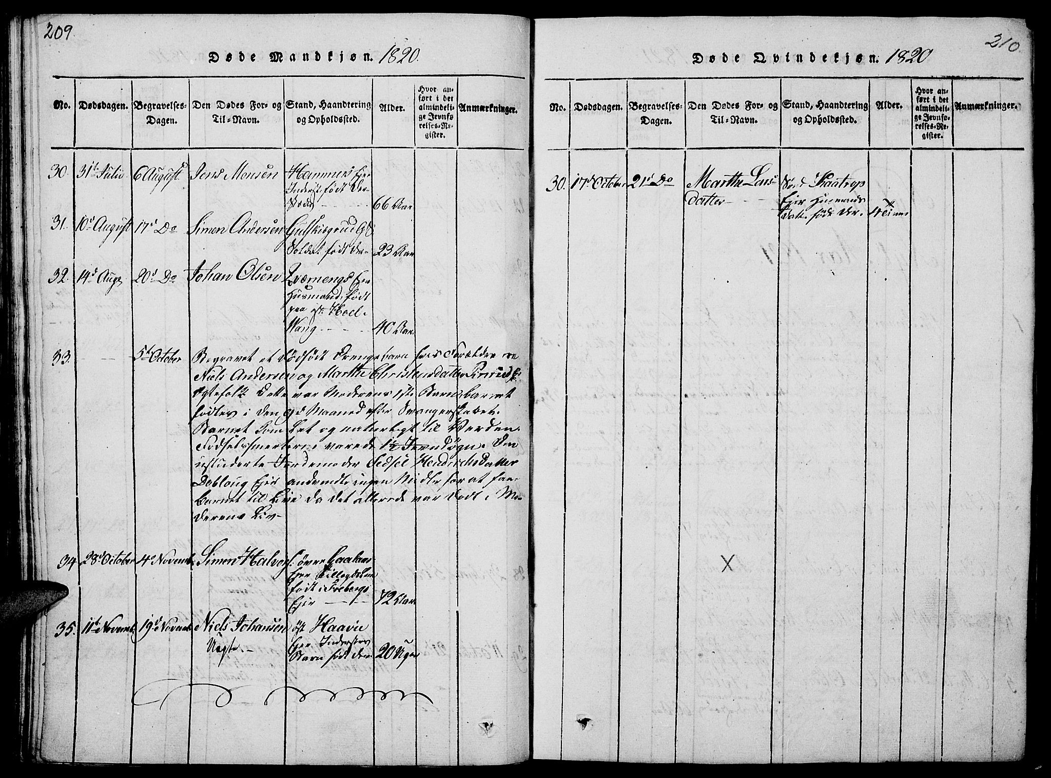Vang prestekontor, Hedmark, SAH/PREST-008/H/Ha/Haa/L0008: Parish register (official) no. 8, 1815-1826, p. 209-210