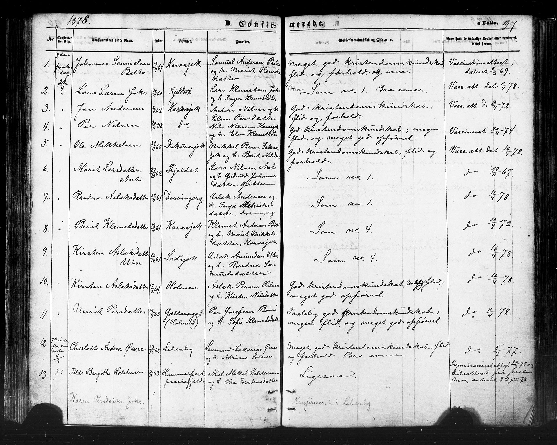 Karasjok sokneprestkontor, SATØ/S-1352/H/Ha/L0001kirke: Parish register (official) no. 1, 1872-1884, p. 97