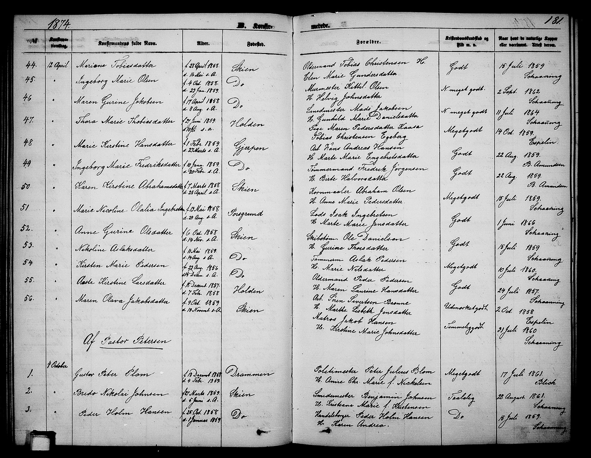 Skien kirkebøker, AV/SAKO-A-302/G/Ga/L0005: Parish register (copy) no. 5, 1868-1880, p. 181
