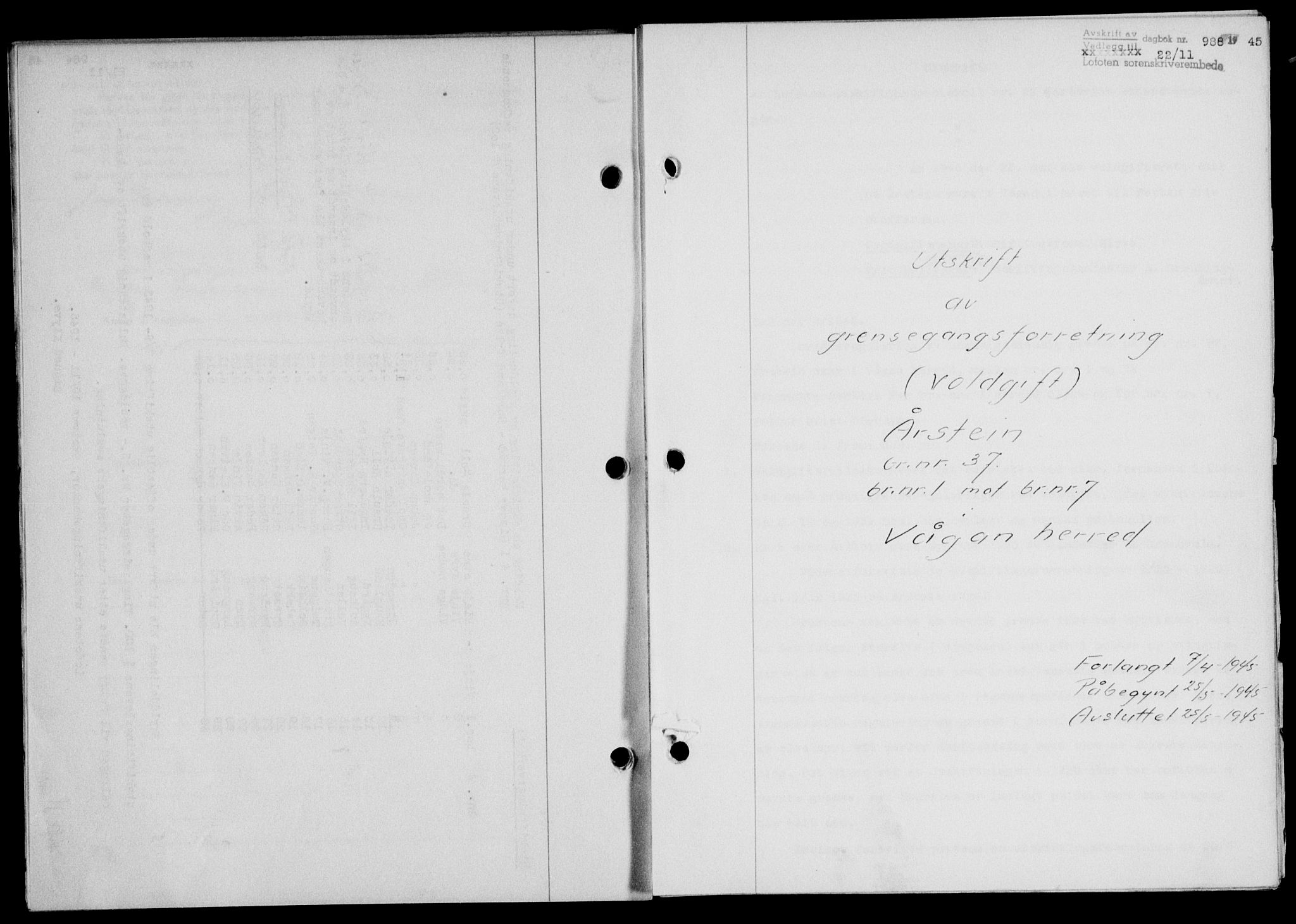 Lofoten sorenskriveri, SAT/A-0017/1/2/2C/L0013a: Mortgage book no. 13a, 1944-1946, Diary no: : 986/1945