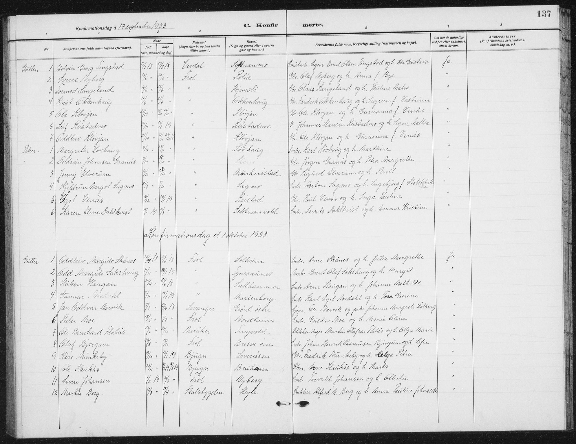Ministerialprotokoller, klokkerbøker og fødselsregistre - Nord-Trøndelag, SAT/A-1458/721/L0209: Parish register (copy) no. 721C02, 1918-1940, p. 137