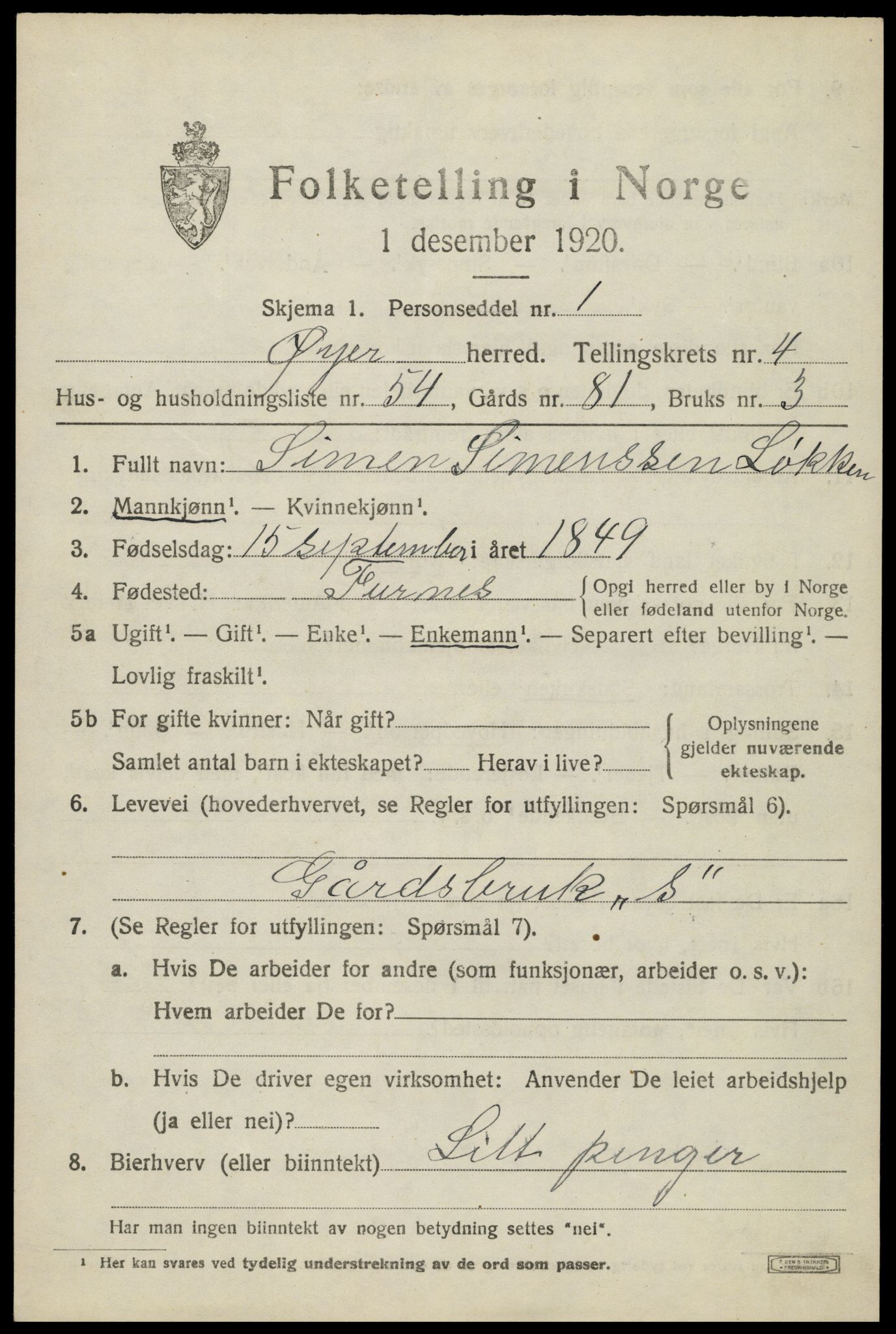 SAH, 1920 census for Øyer, 1920, p. 4445