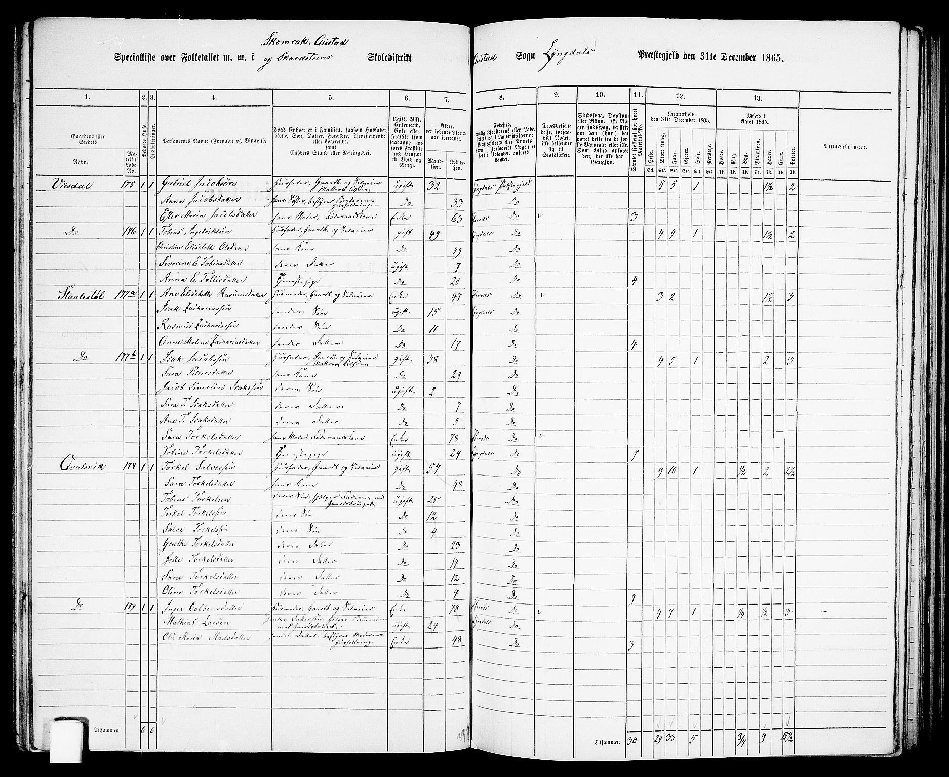 RA, 1865 census for Lyngdal, 1865, p. 80