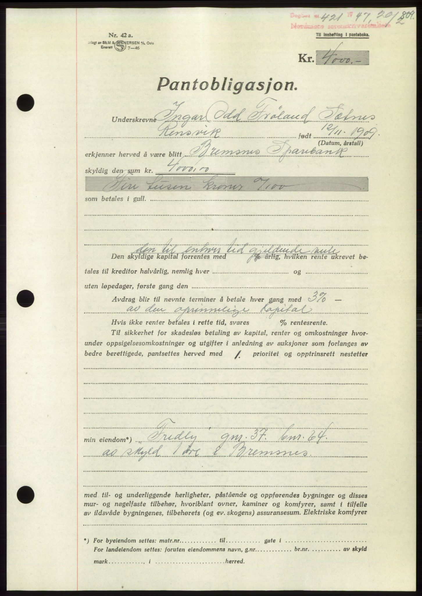 Nordmøre sorenskriveri, AV/SAT-A-4132/1/2/2Ca: Mortgage book no. B95, 1946-1947, Diary no: : 421/1947