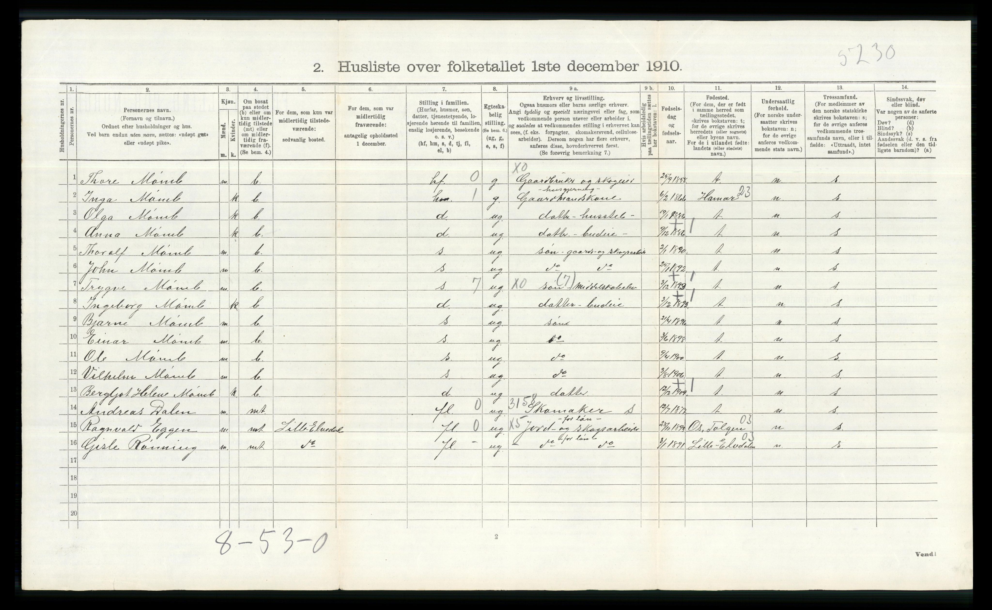 RA, 1910 census for Øvre Rendal, 1910, p. 181