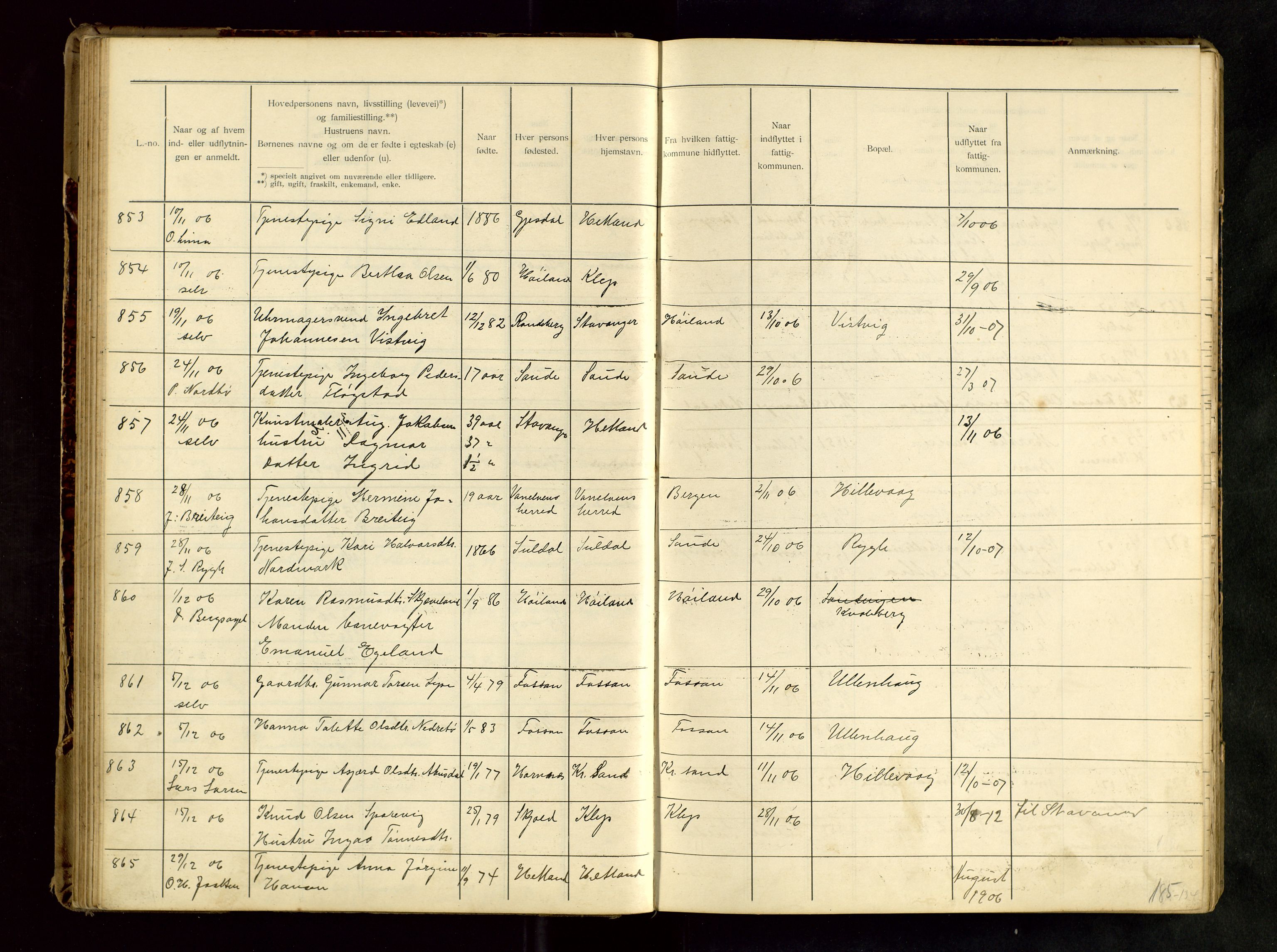 Hetland lensmannskontor, SAST/A-100101/Gwa/L0001: Flytteprotokoll (er delt i to: 1a og 1b), 1901-1918, p. 65