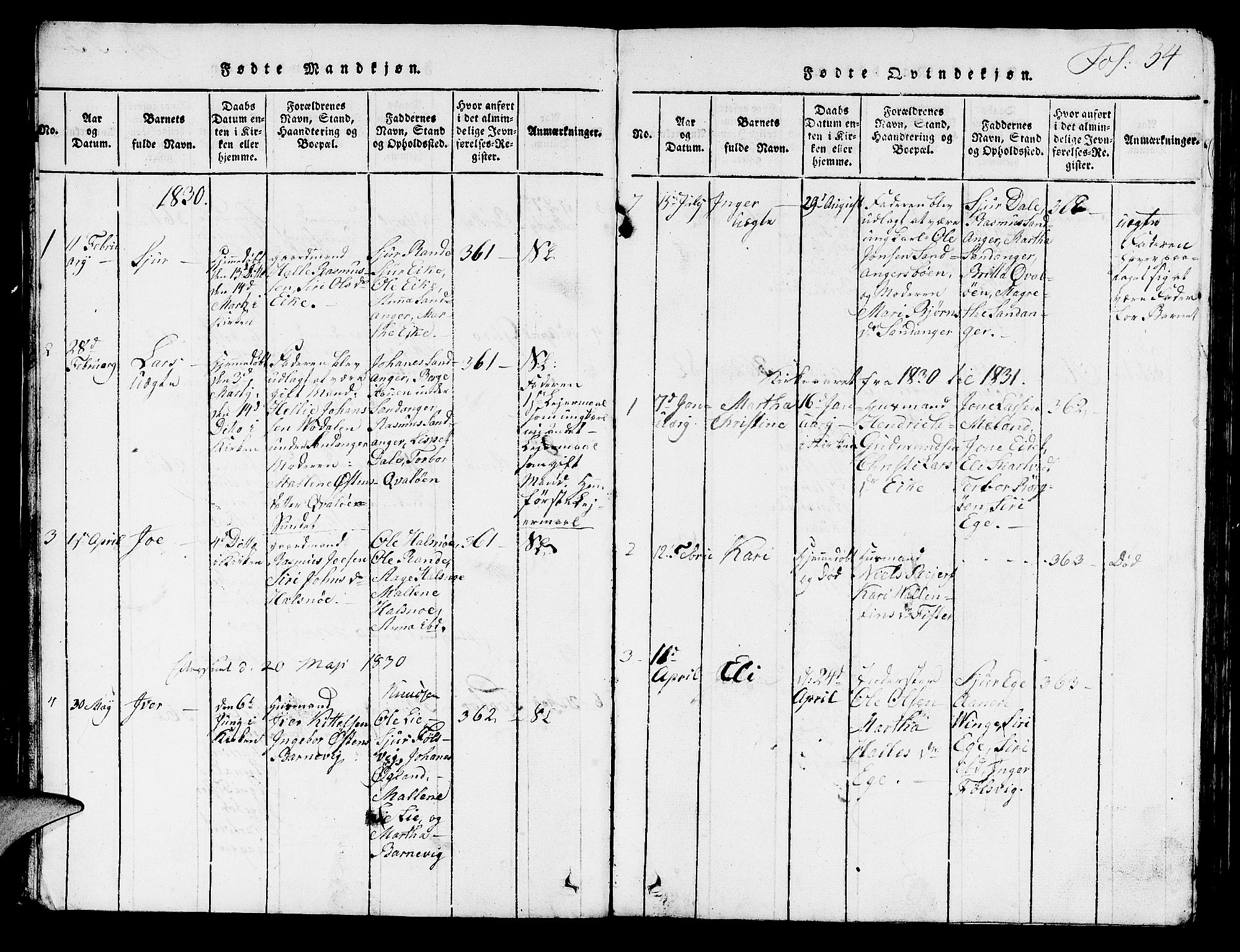 Hjelmeland sokneprestkontor, AV/SAST-A-101843/01/V/L0003: Parish register (copy) no. B 3, 1816-1841, p. 34