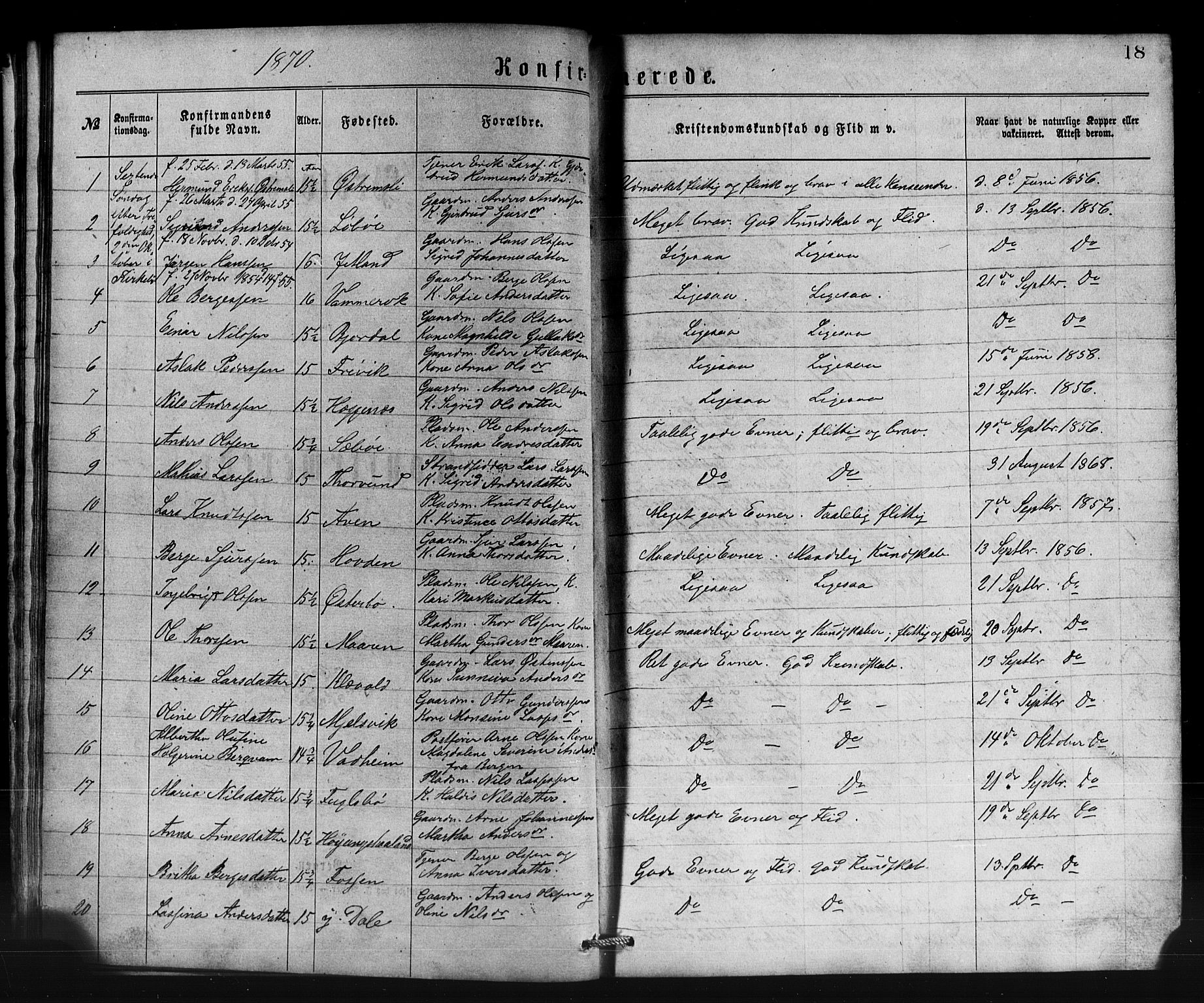 Lavik sokneprestembete, SAB/A-80901: Parish register (copy) no. B 2, 1870-1881, p. 18