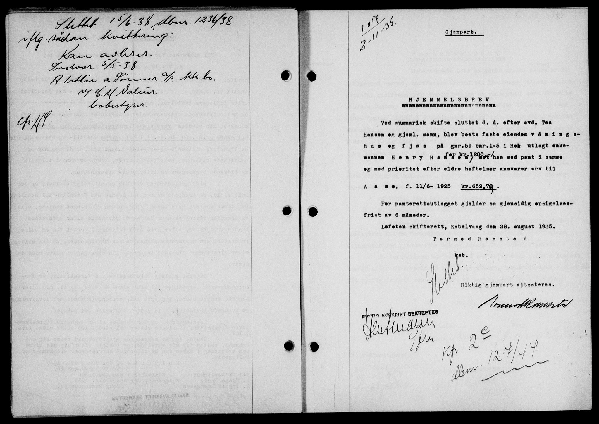 Lofoten sorenskriveri, SAT/A-0017/1/2/2C/L0032b: Mortgage book no. 32b, 1935-1935, Deed date: 02.11.1935