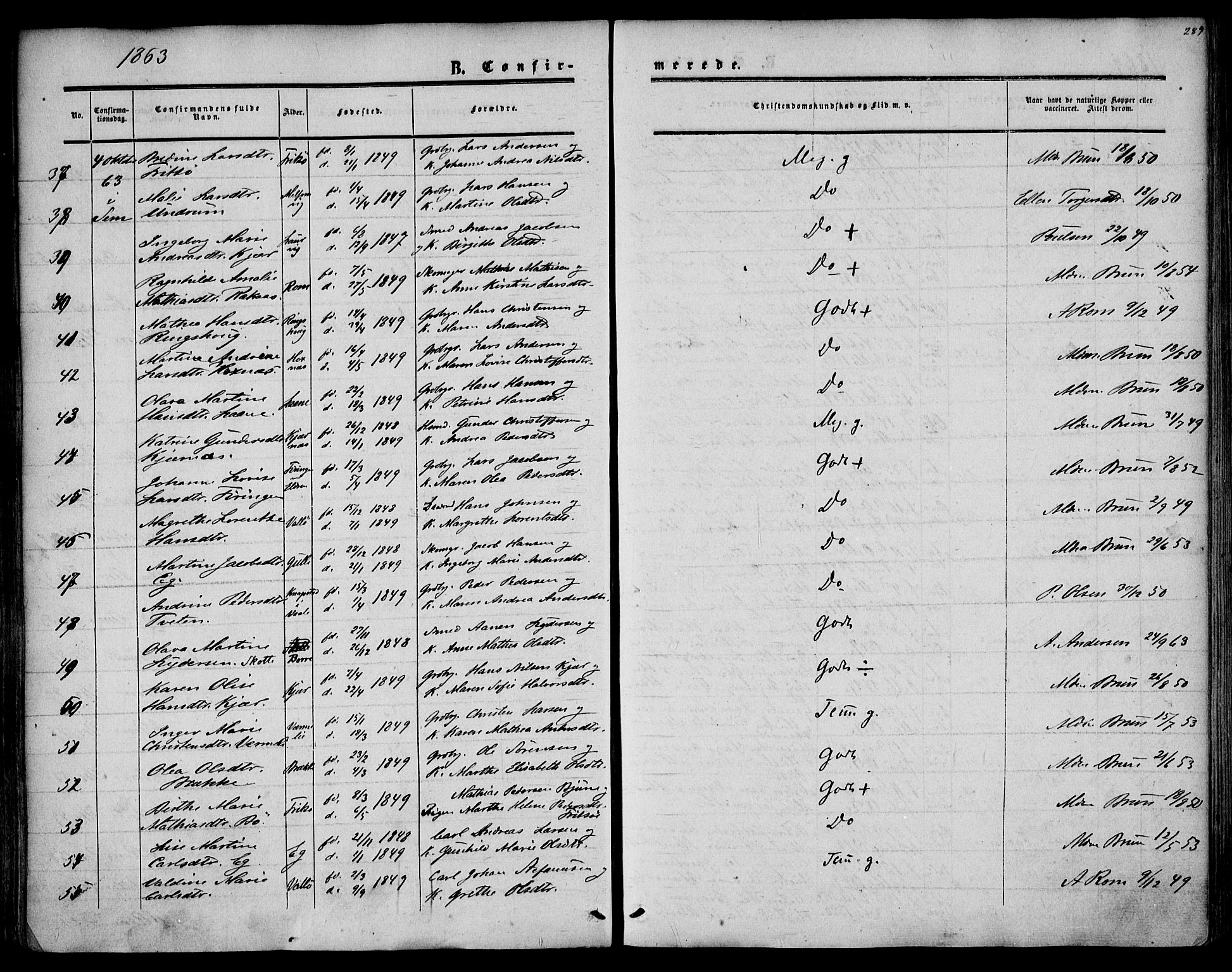 Sem kirkebøker, AV/SAKO-A-5/F/Fa/L0007: Parish register (official) no. I 7, 1856-1865, p. 289