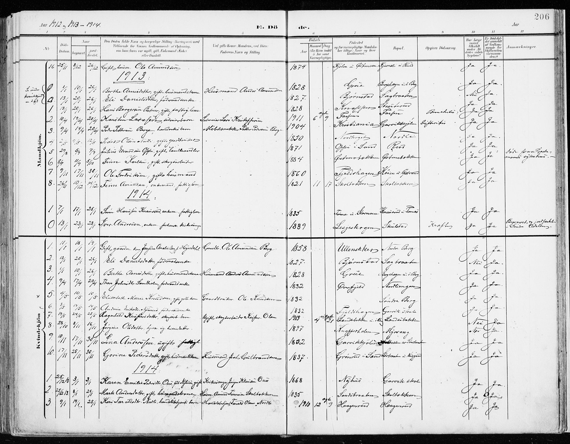 Nord-Odal prestekontor, SAH/PREST-032/H/Ha/Haa/L0009: Parish register (official) no. 9, 1902-1926, p. 206