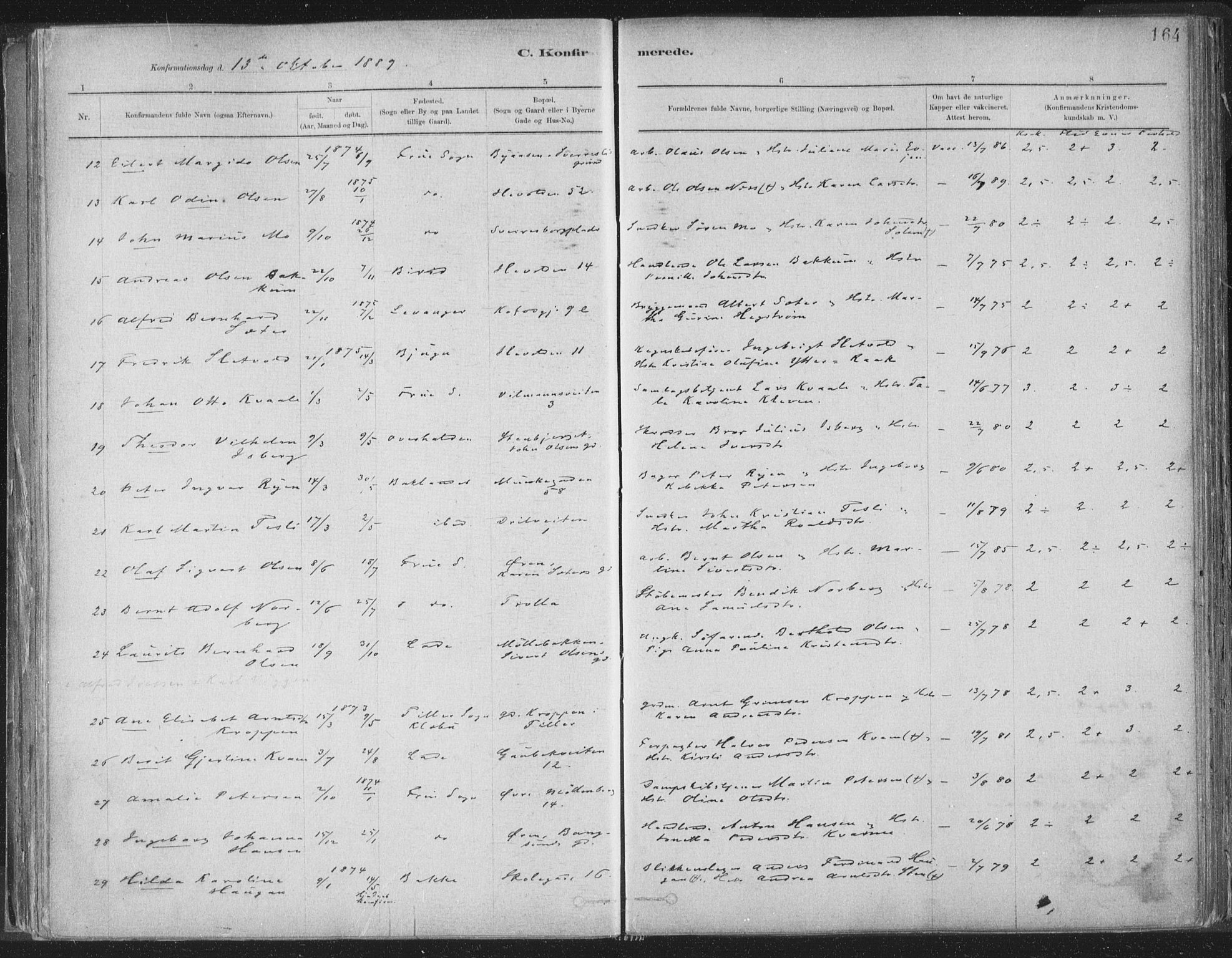 Ministerialprotokoller, klokkerbøker og fødselsregistre - Sør-Trøndelag, AV/SAT-A-1456/603/L0162: Parish register (official) no. 603A01, 1879-1895, p. 164