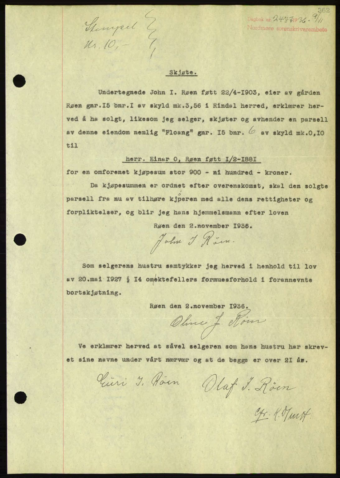 Nordmøre sorenskriveri, AV/SAT-A-4132/1/2/2Ca: Mortgage book no. A80, 1936-1937, Diary no: : 2487/1936