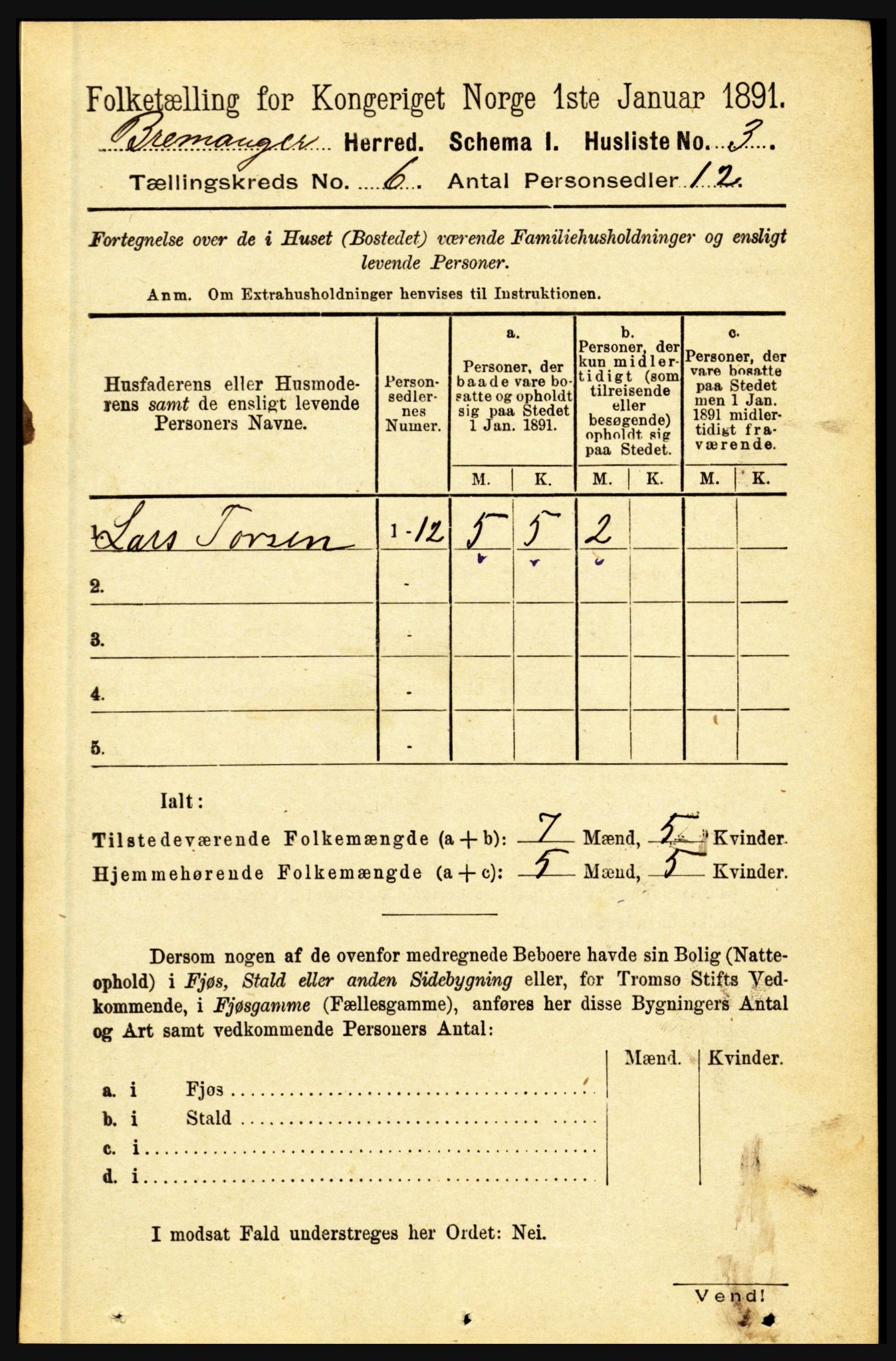 RA, 1891 census for 1438 Bremanger, 1891, p. 2329