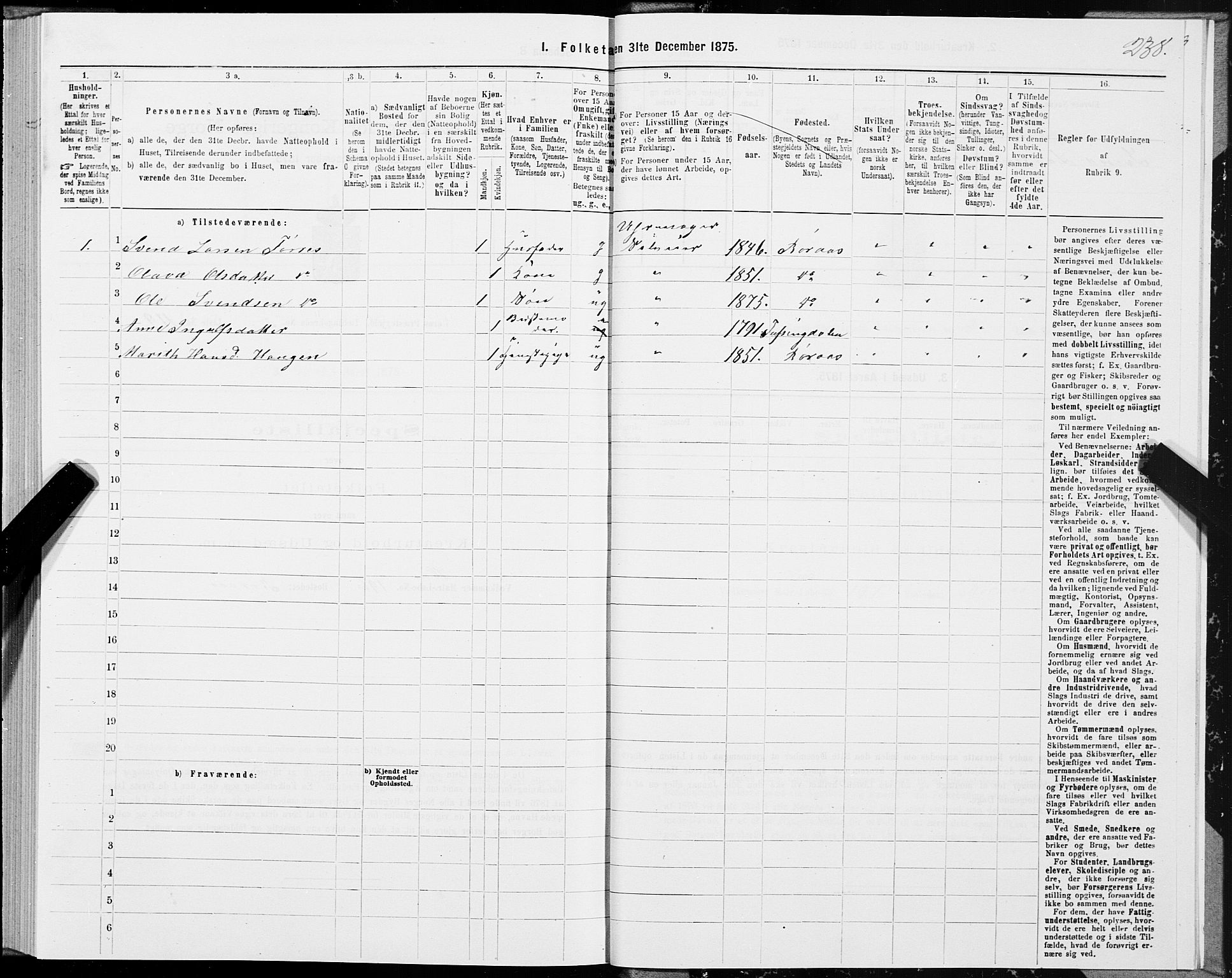 SAT, 1875 census for 1640P Røros, 1875, p. 2238