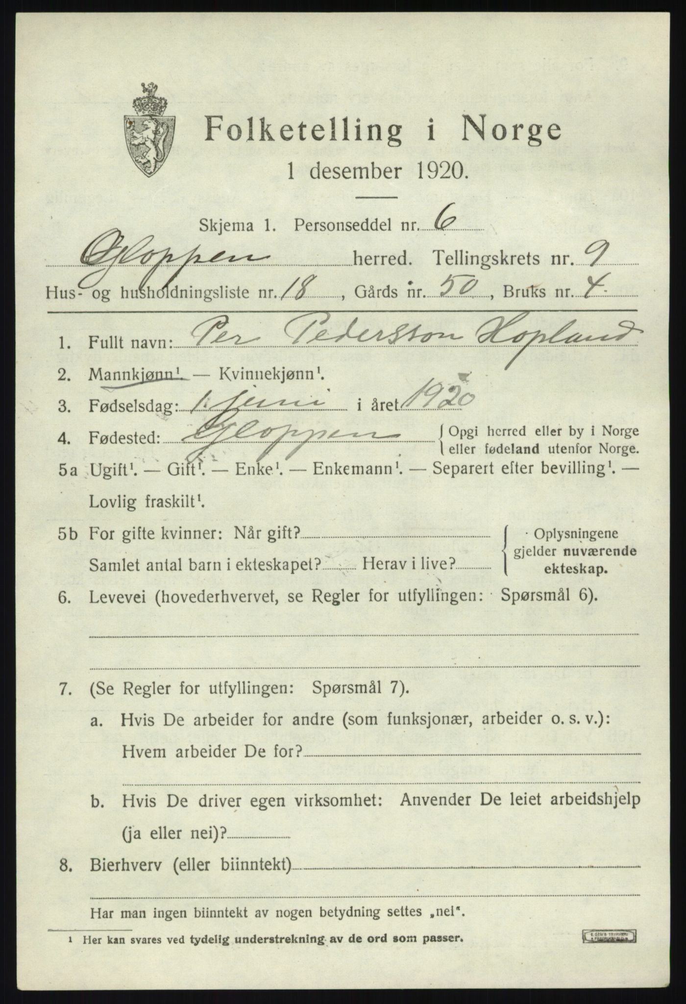 SAB, 1920 census for Gloppen, 1920, p. 5152