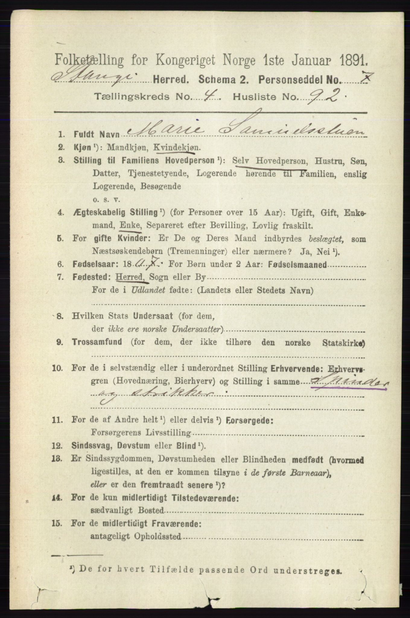 RA, 1891 census for 0417 Stange, 1891, p. 2990