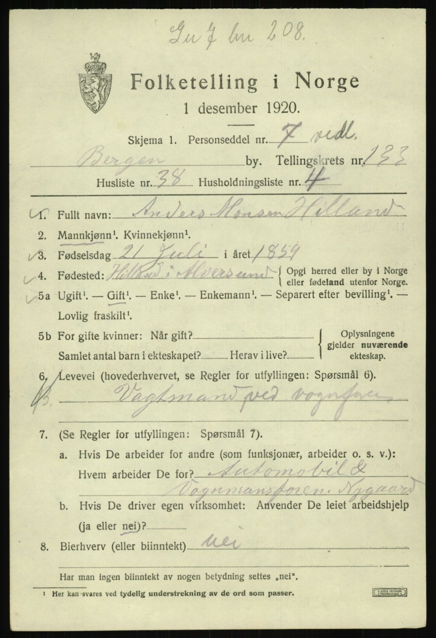 SAB, 1920 census for Bergen, 1920, p. 224731