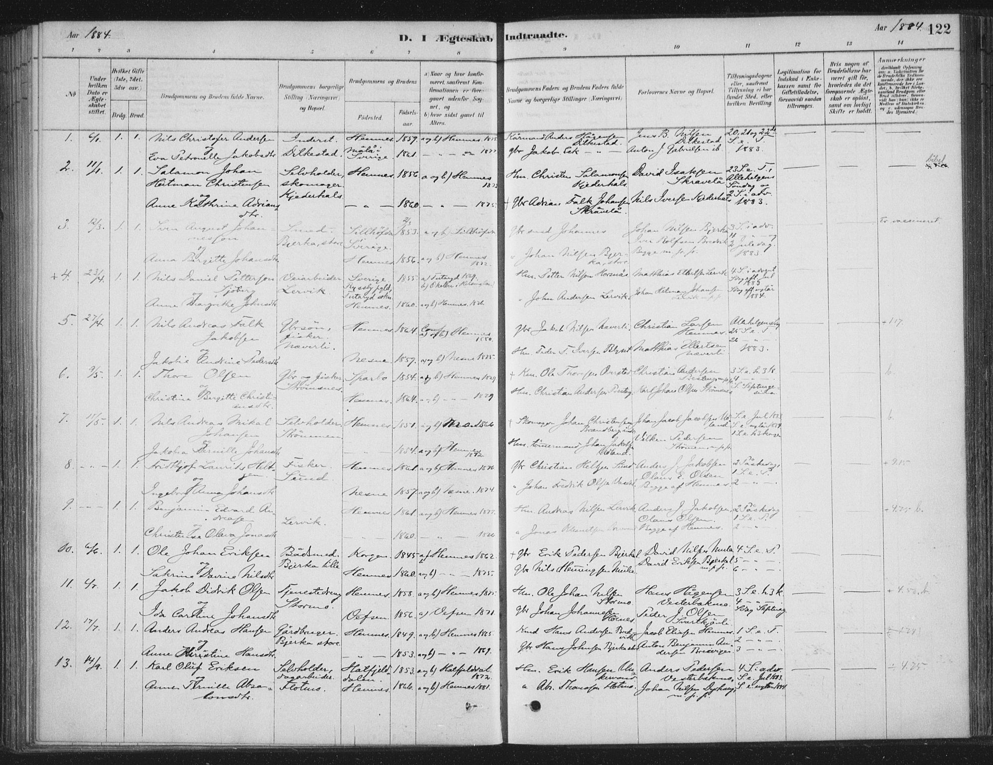 Ministerialprotokoller, klokkerbøker og fødselsregistre - Nordland, AV/SAT-A-1459/825/L0361: Parish register (official) no. 825A15, 1878-1893, p. 122