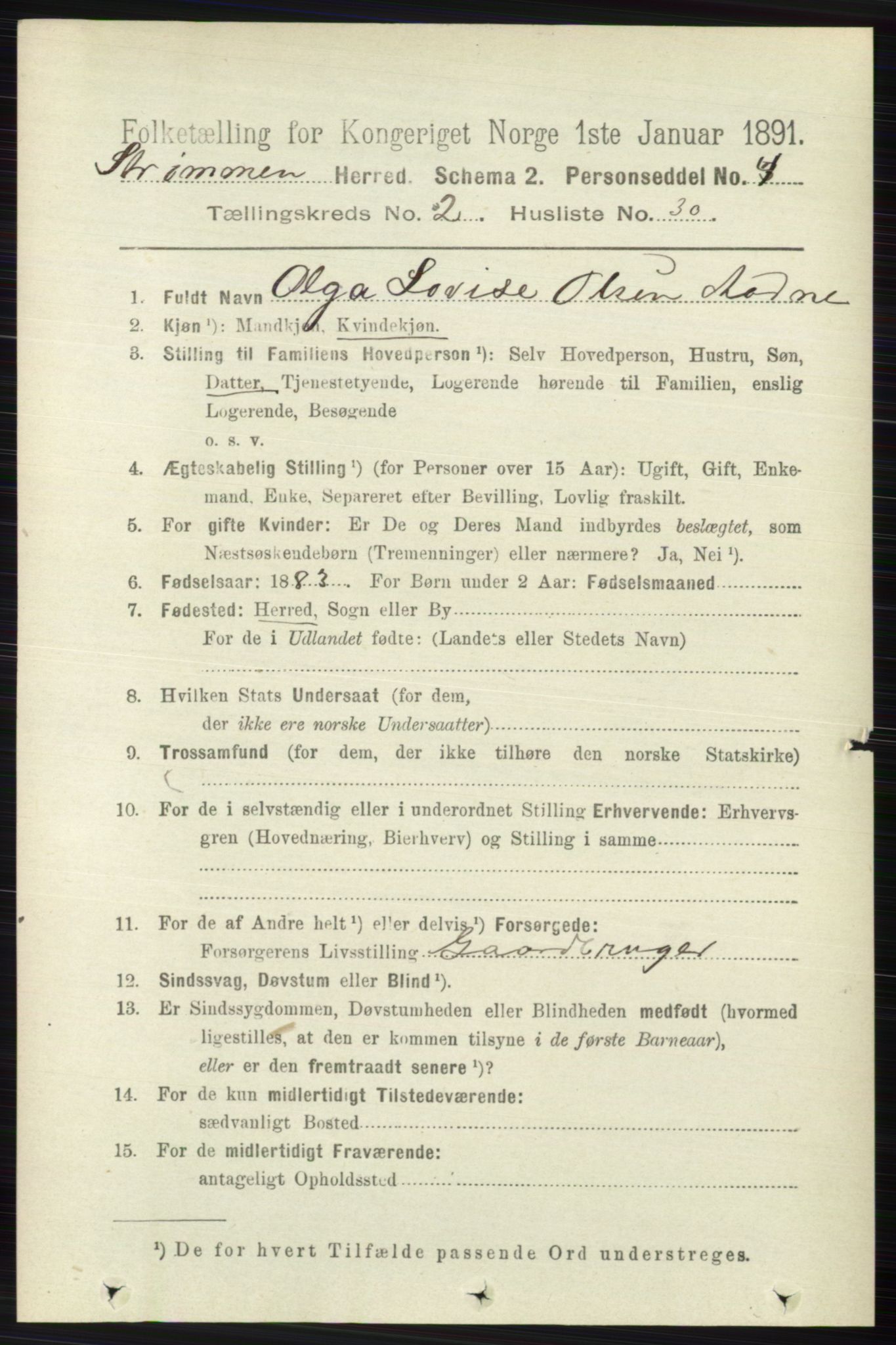 RA, 1891 census for 0711 Strømm, 1891, p. 871