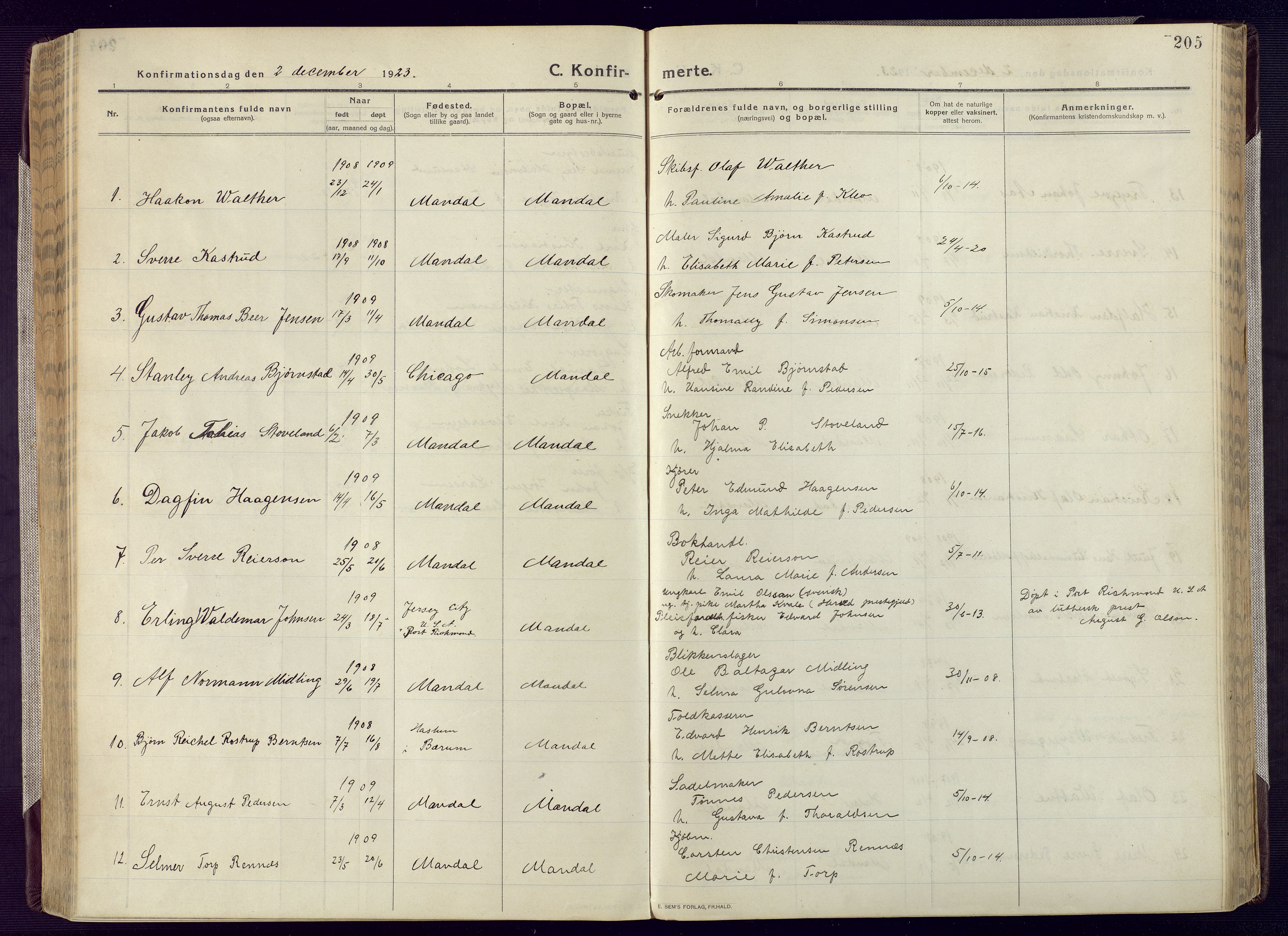 Mandal sokneprestkontor, AV/SAK-1111-0030/F/Fa/Fac/L0001: Parish register (official) no. A 1, 1913-1925, p. 205