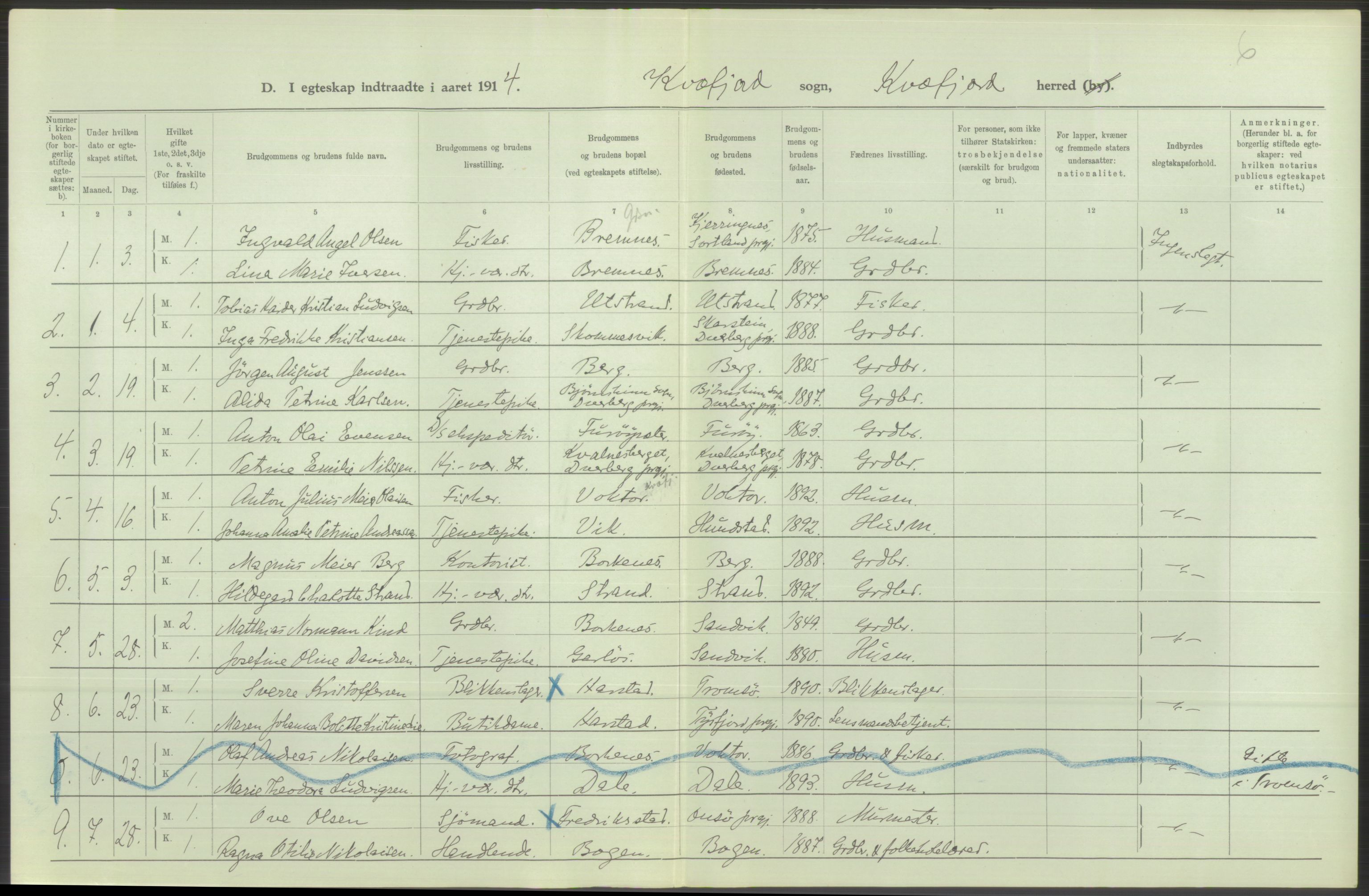 Statistisk sentralbyrå, Sosiodemografiske emner, Befolkning, AV/RA-S-2228/D/Df/Dfb/Dfbd/L0047: Tromsø amt: Gifte, døde, dødfødte. Bygder og byer., 1914, p. 42