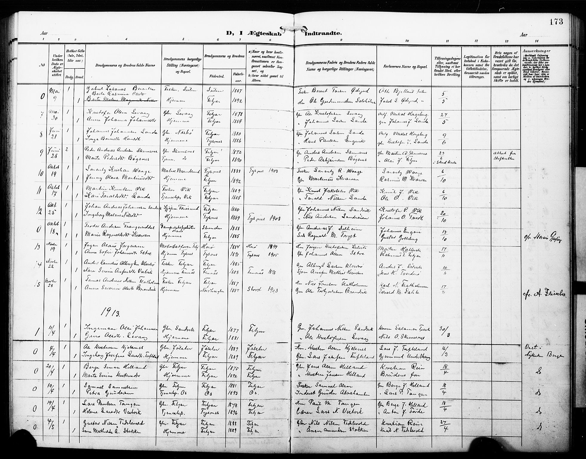 Fitjar sokneprestembete, SAB/A-99926: Parish register (copy) no. B 1, 1906-1928, p. 173