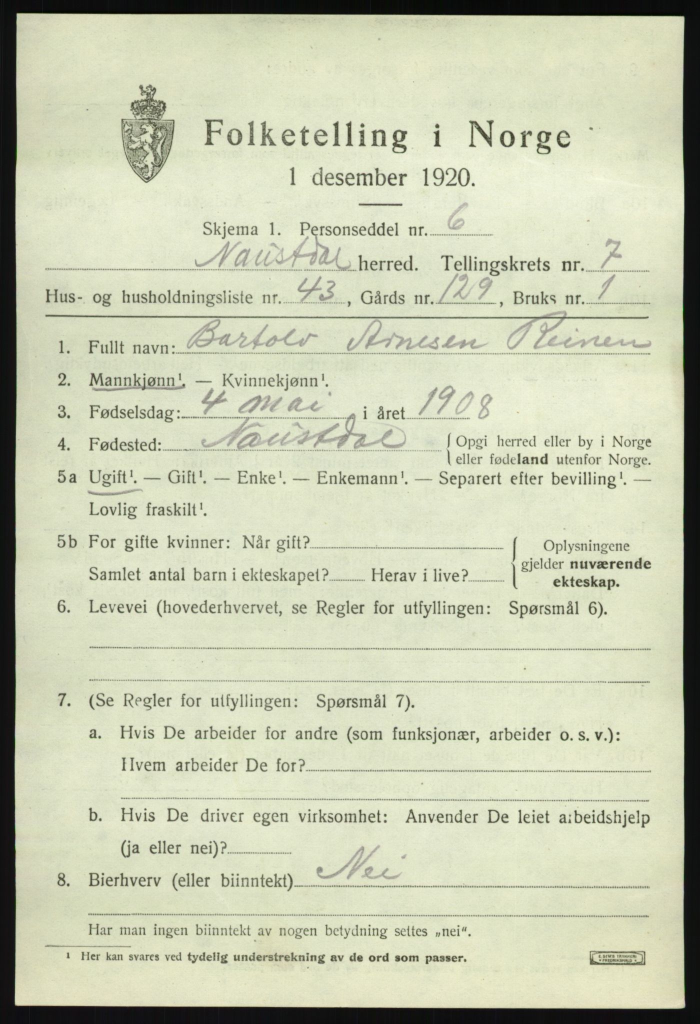 SAB, 1920 census for Naustdal, 1920, p. 4673